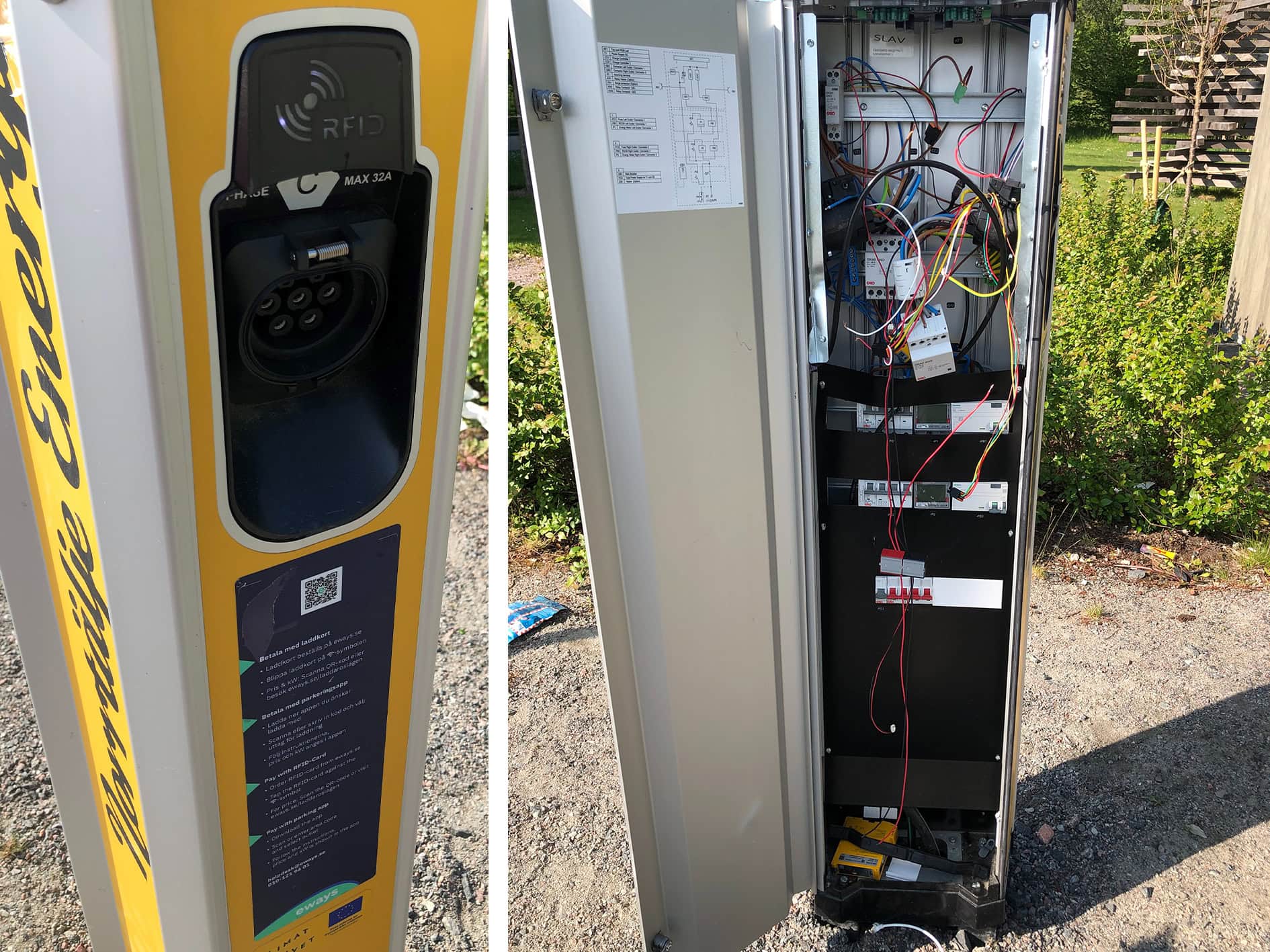 Två foton av en elbilsladdstolpe. Till vänster syns framsidan av laddstolpen med uttag, RFID-läsare och en informationsetikett.