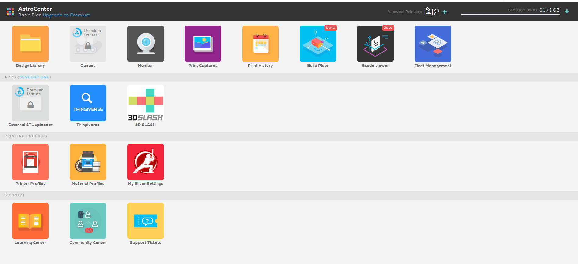 astroprint main menu