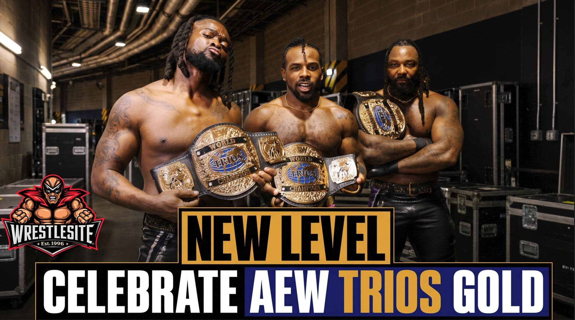 Kofi Kingston and Austin Creed celebrate Trios Championship victory alongside Swerve Strickland after All In