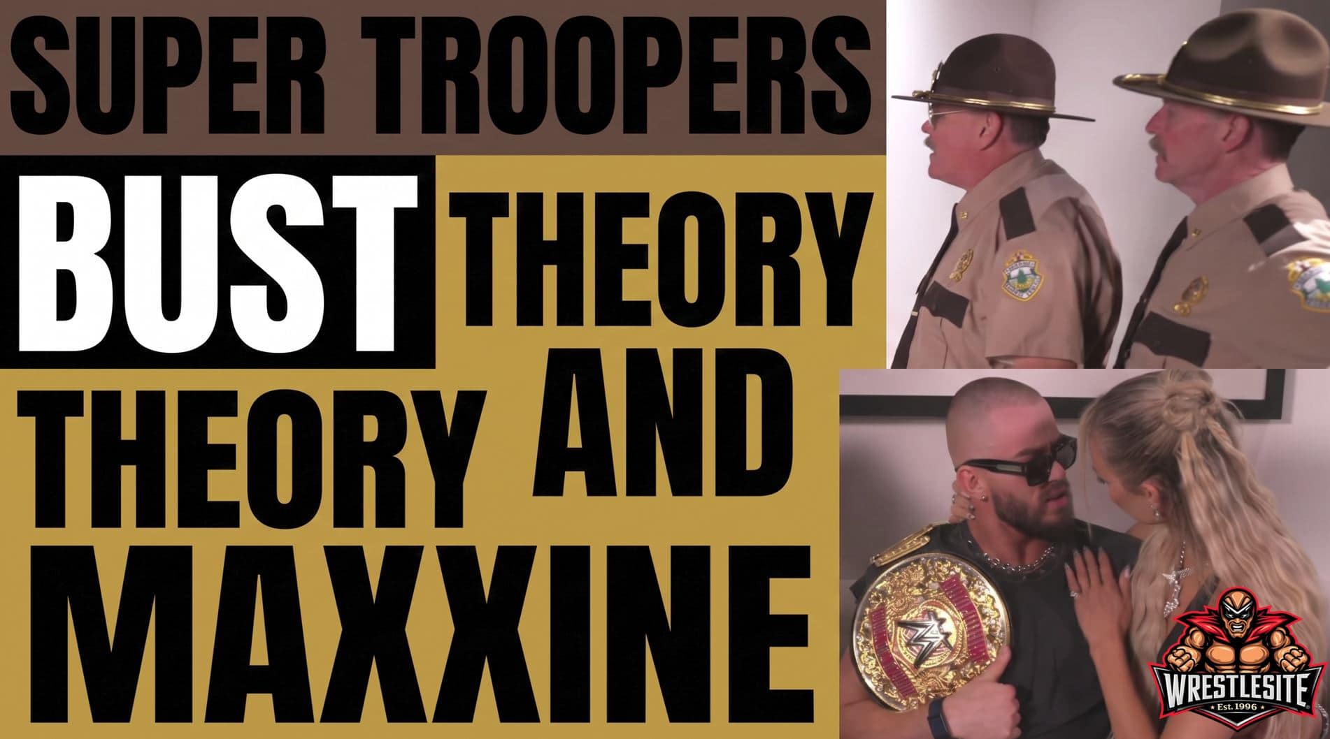 Austin Theory and Maxxine Dupri are confronted by the Super Troopers 3 cast backstage
