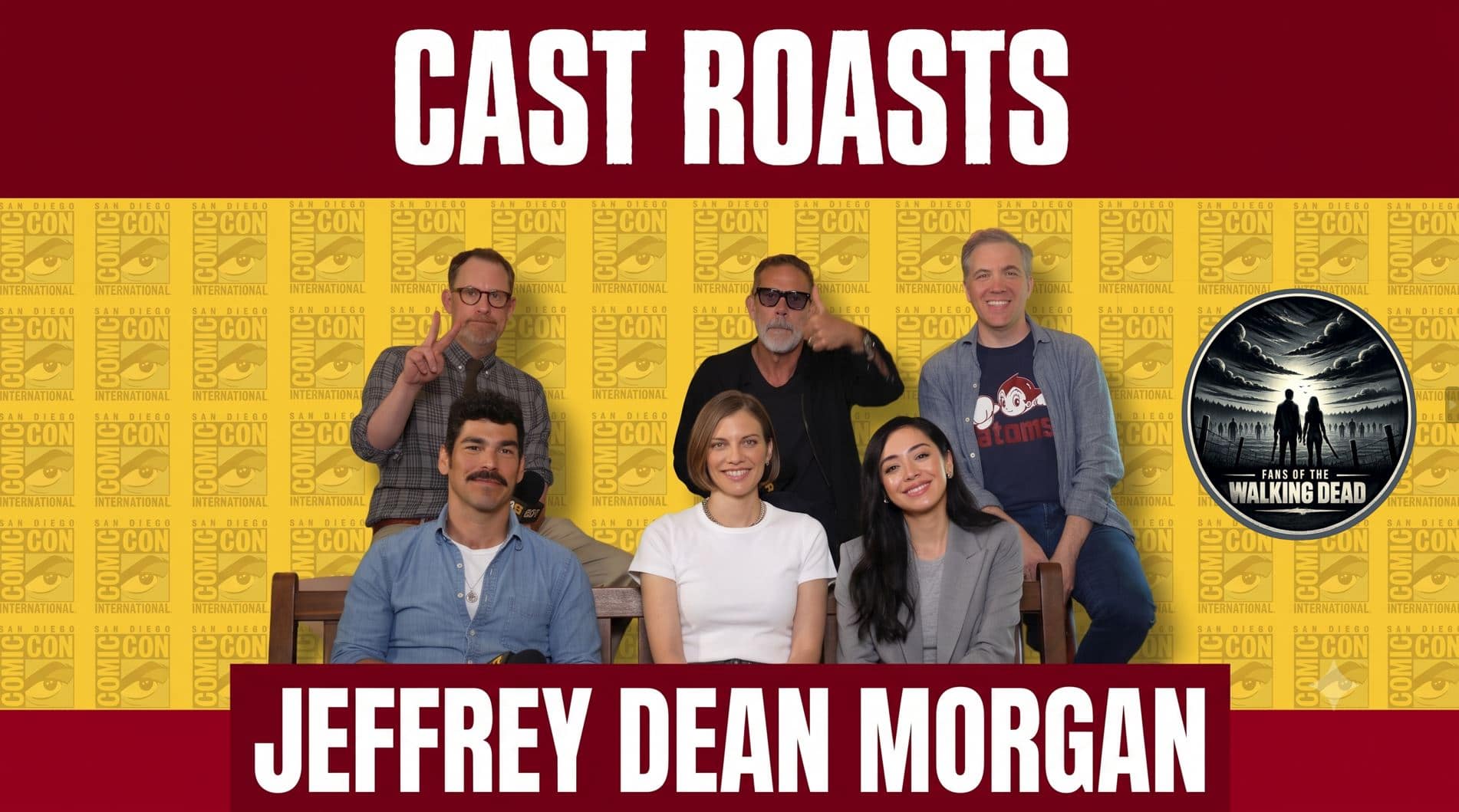 Jeffrey Dean Morgan laughs as the Walking Dead cast playfully roasts him during an SDCC 2026 interview