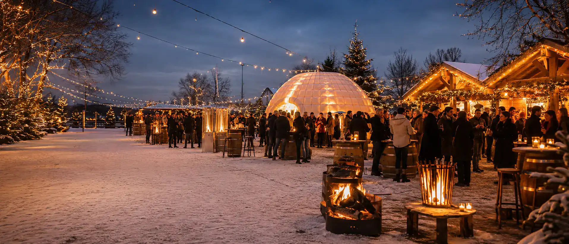 Winters bedrijfsevent met iglo, vuurkorven en lichtsnoeren in de sneeuw