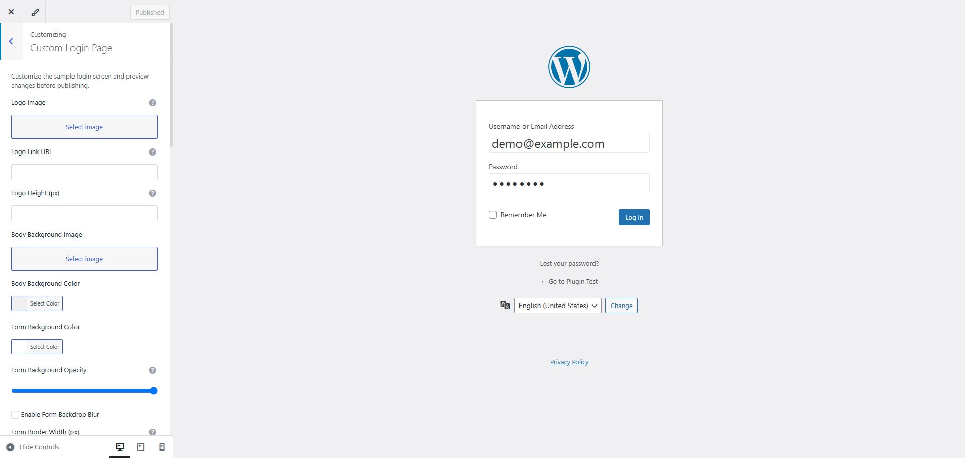 The visual Customizer section where you can adjust the login page options.