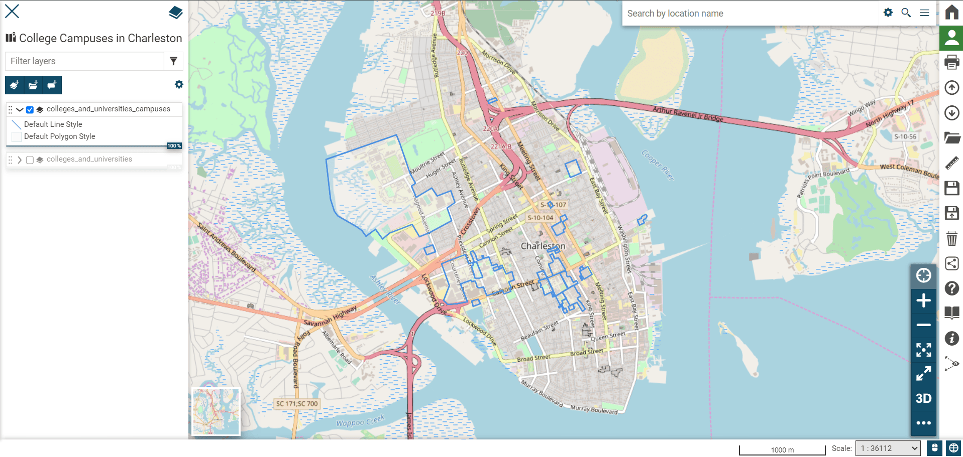 screenshot of CoreSpatial Portal with a map view using OSM basemap and a HIFLD overlay layer