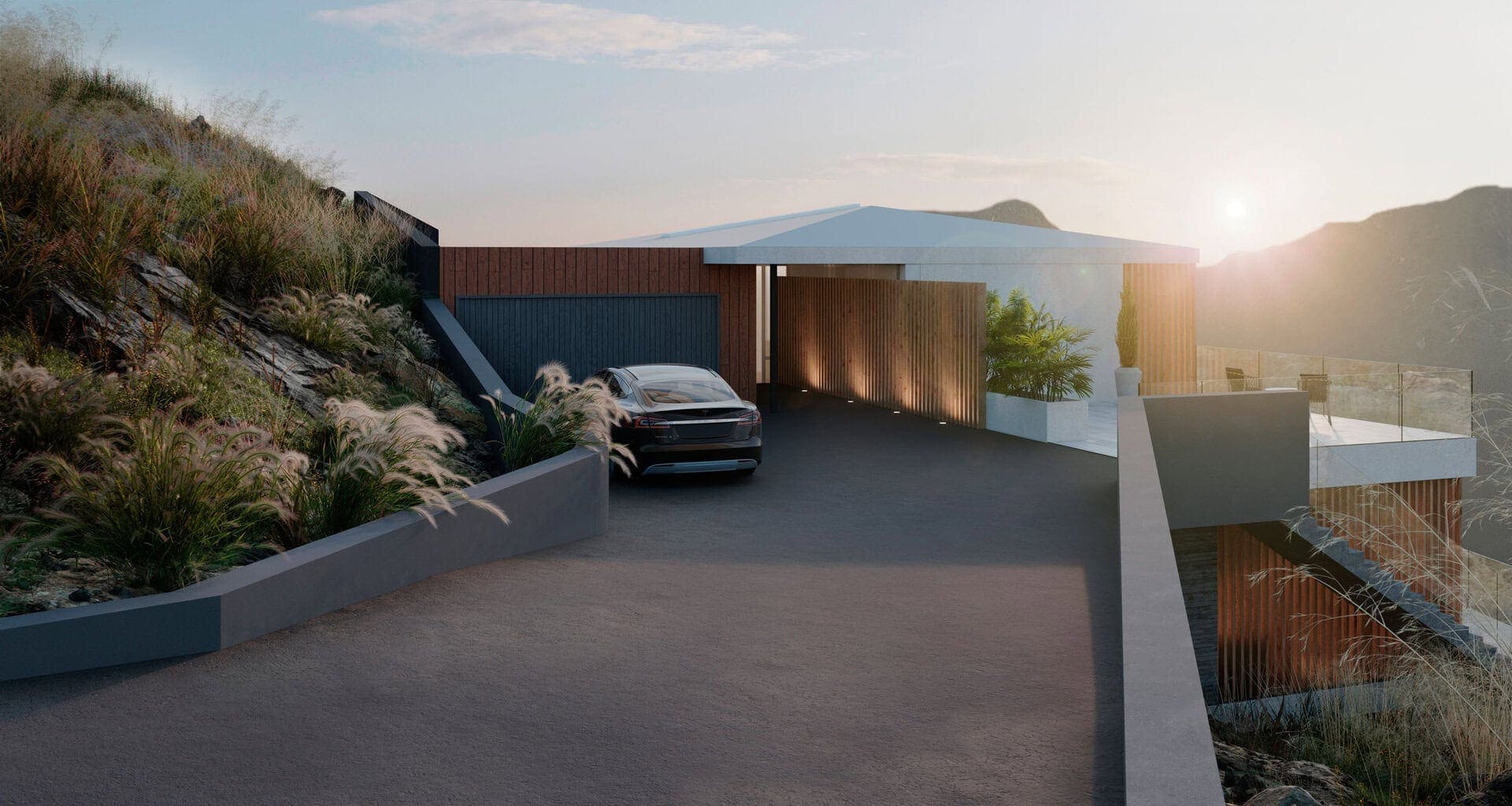 Minimalist modern house with clean lines, wooden and concrete materials, and an open upper terrace.