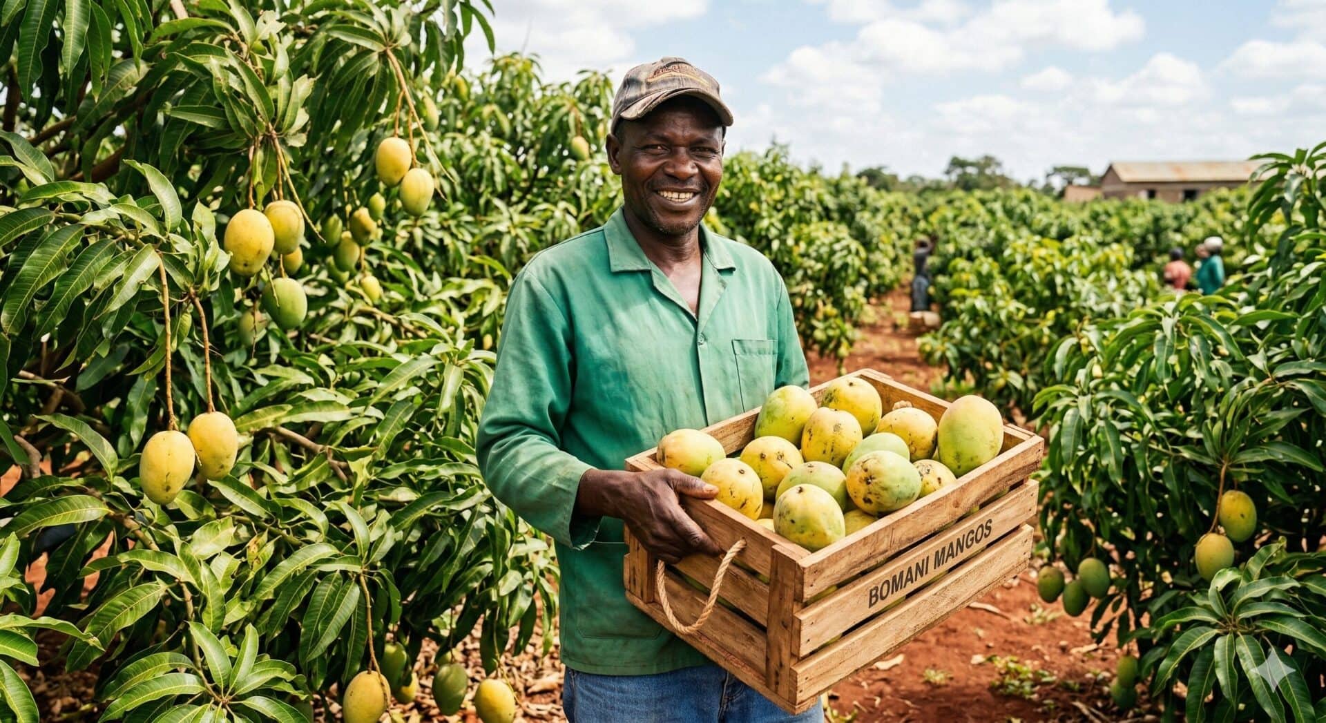 Kenyan farmer harvesting fresh mangoes for export