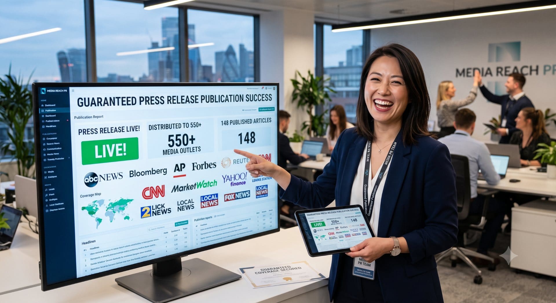 Best PR agency in Milton Keynes: a United Press consultant presenting a guaranteed publication report to a Milton Keynes business