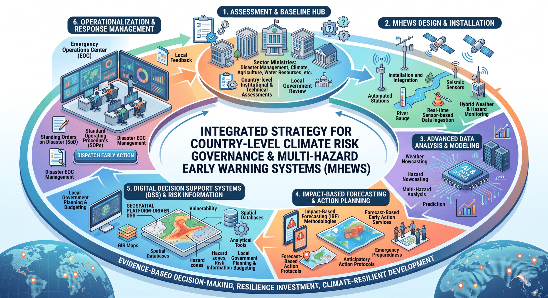 Diagram of integrated early warning system for multi-hazard risk management.
