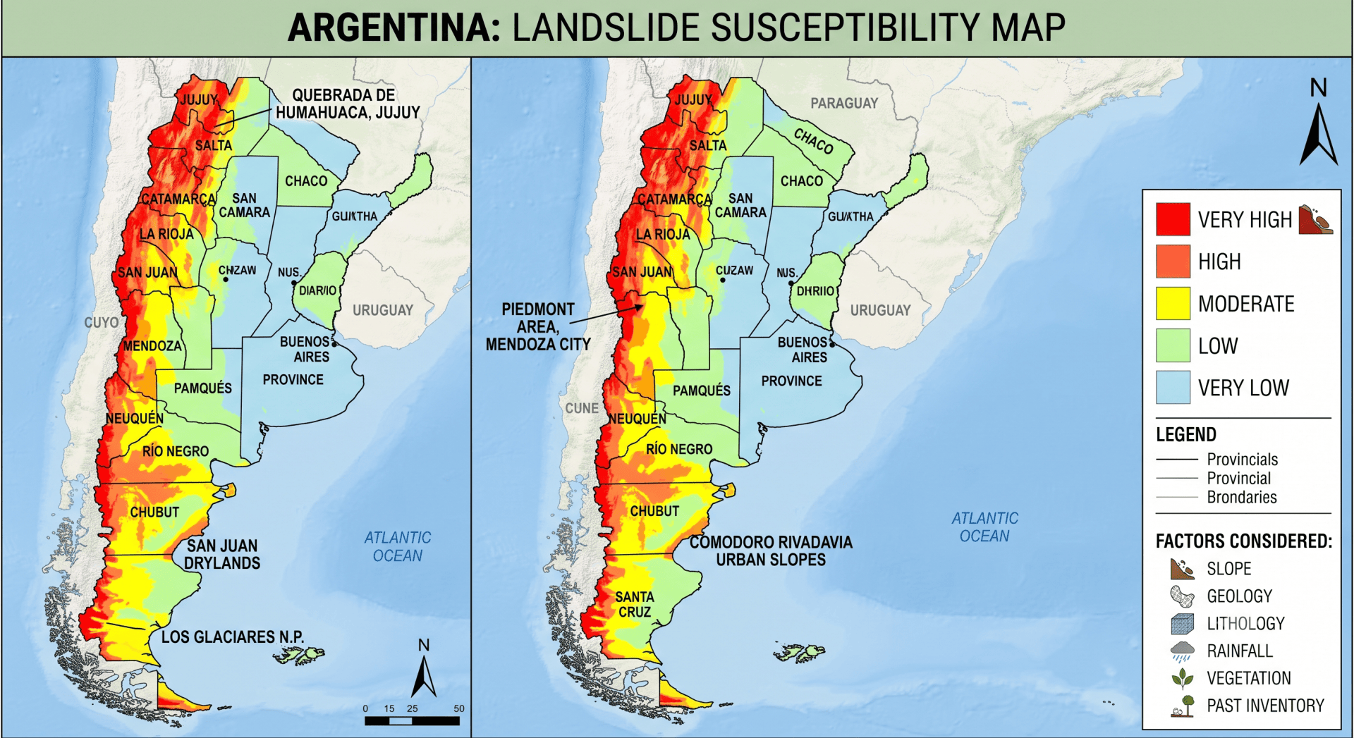 Landslide risk map of Argentina showing very high to very low zones.