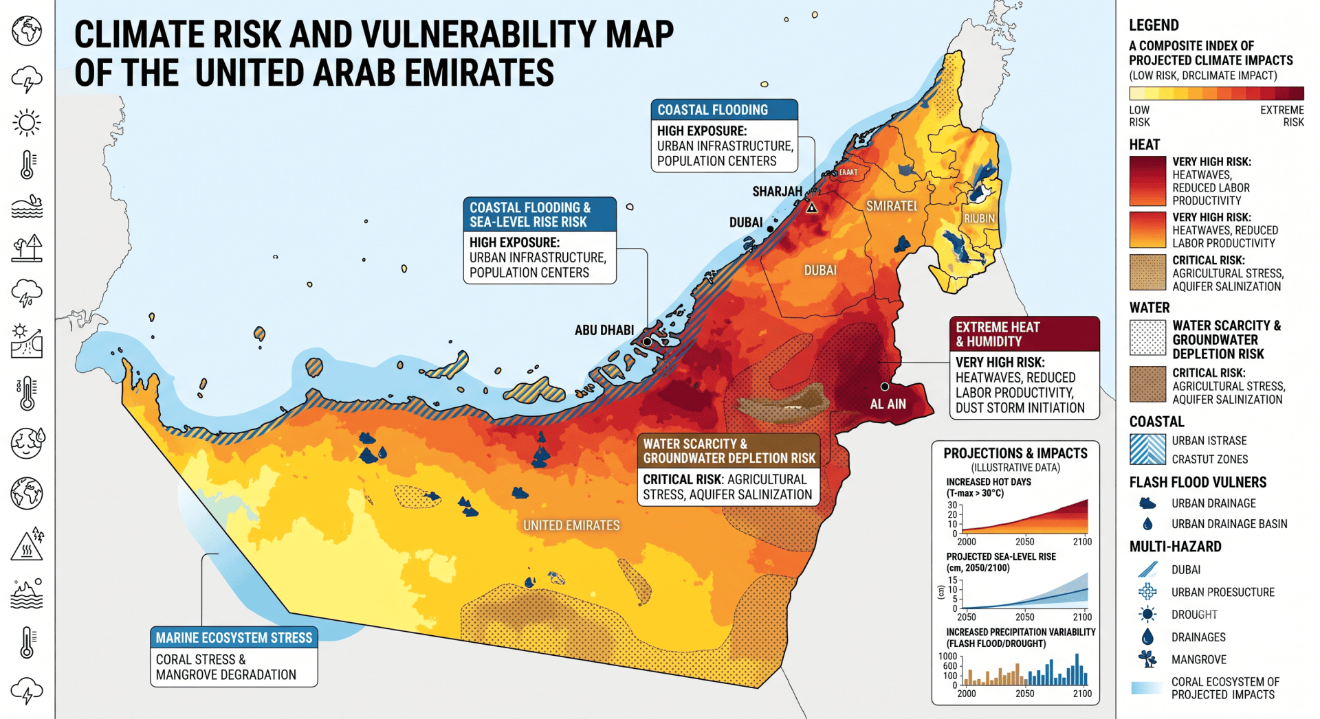 Climate risk and hazard map of the United Arab Emirates with hazard zones and projections.