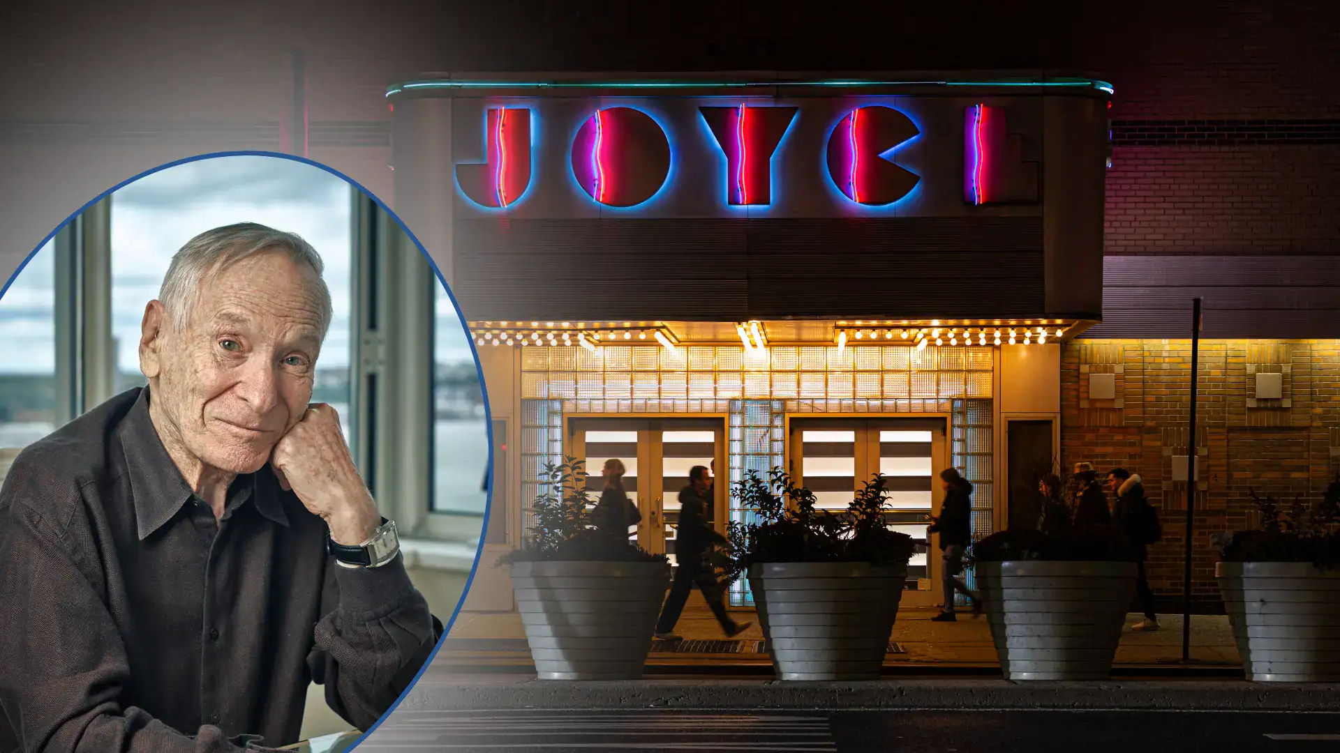 A photo of Charles Reinhart in the foreground, with a photo of the Javitz Theater in the background