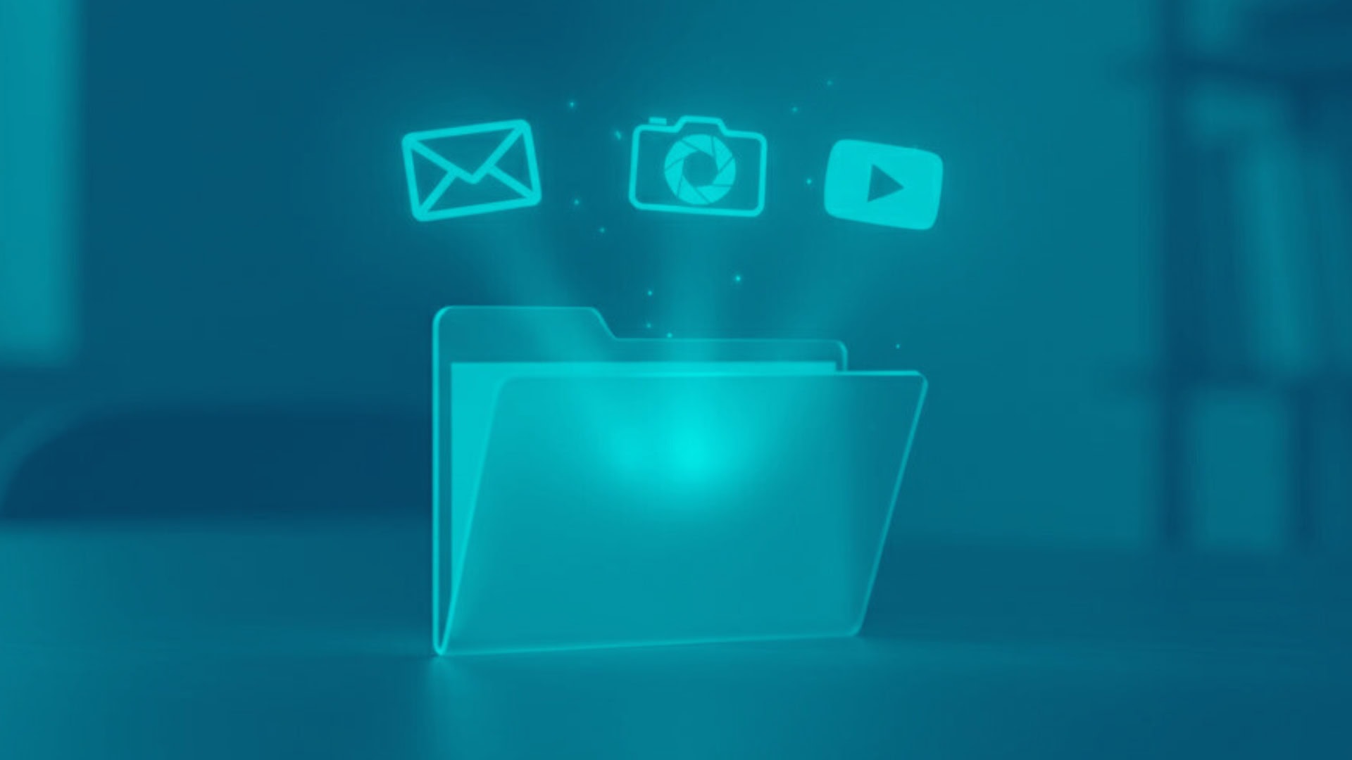 Ein geöffneter Ordner mit den digitalen Symbolen für Gmail, Google Fotos und Drive-Daten.