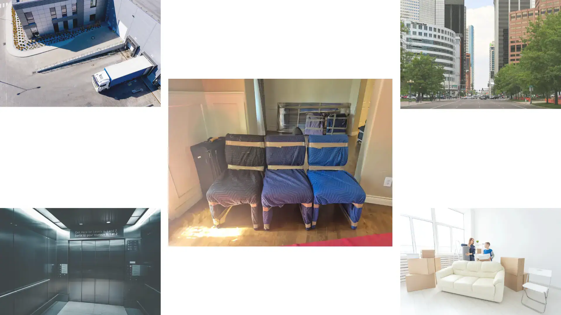 Collage of elevator, loading dock, downtown Denver street, moving boxes, and protected furniture, representing a complete 2025 guide for reserving elevators, docks, and COIs when moving into Denver high-rises.