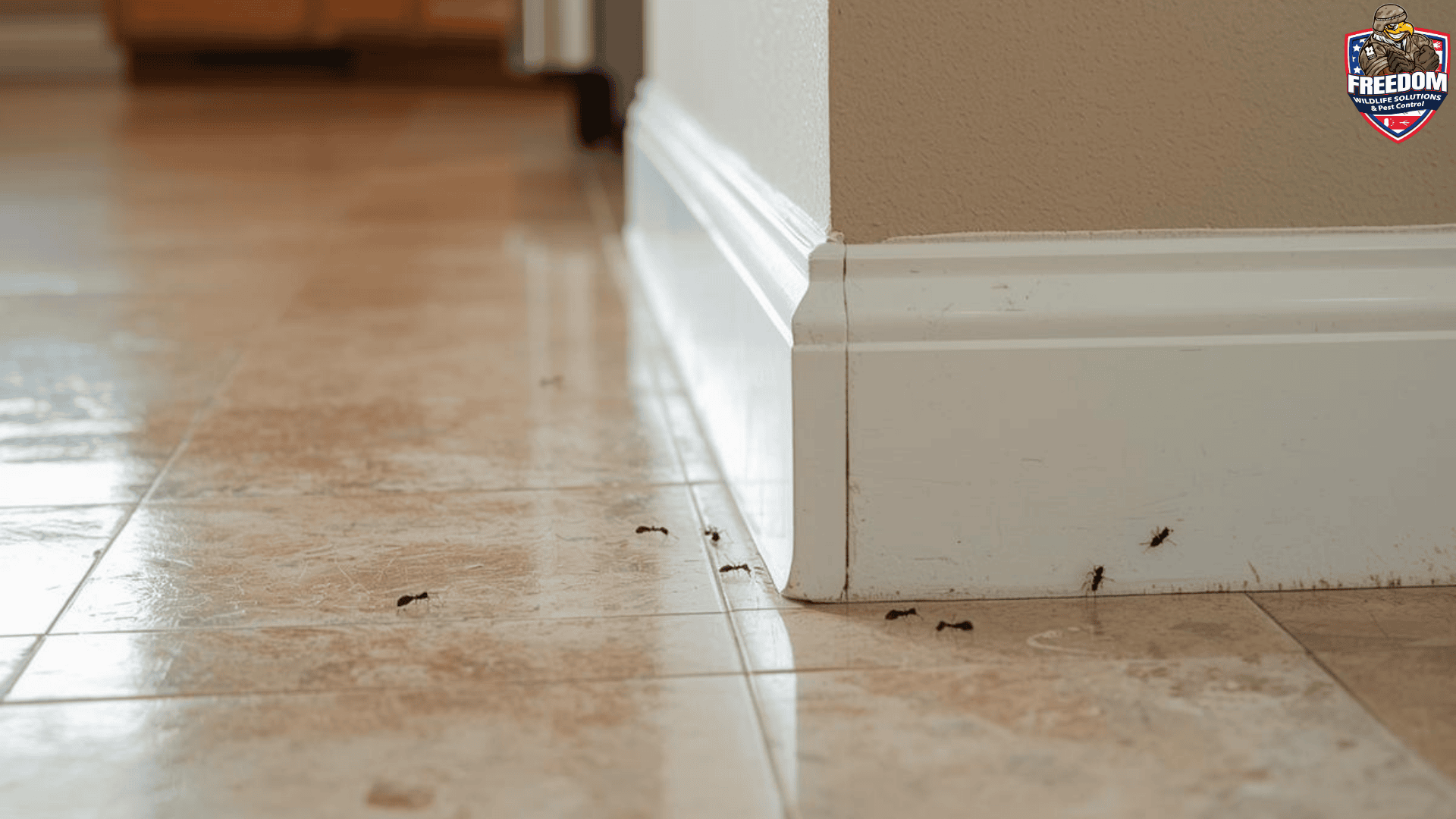 Ants walking along a baseboard inside a clean home, showing a common indoor pest problem homeowners experience.
