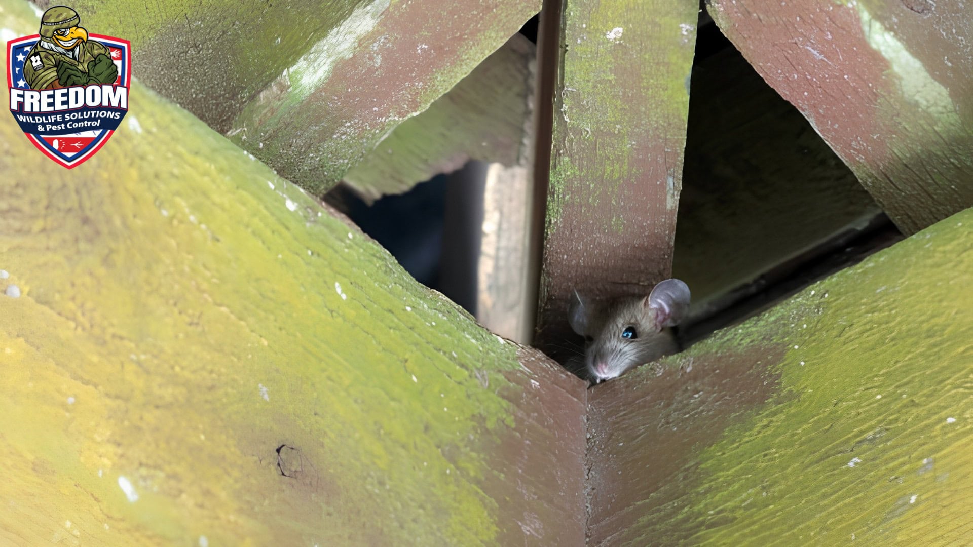 Roof rat peeking through roof framing inside an attic, illustrating how roof rats use elevated areas of homes for travel and nesting in North Carolina.