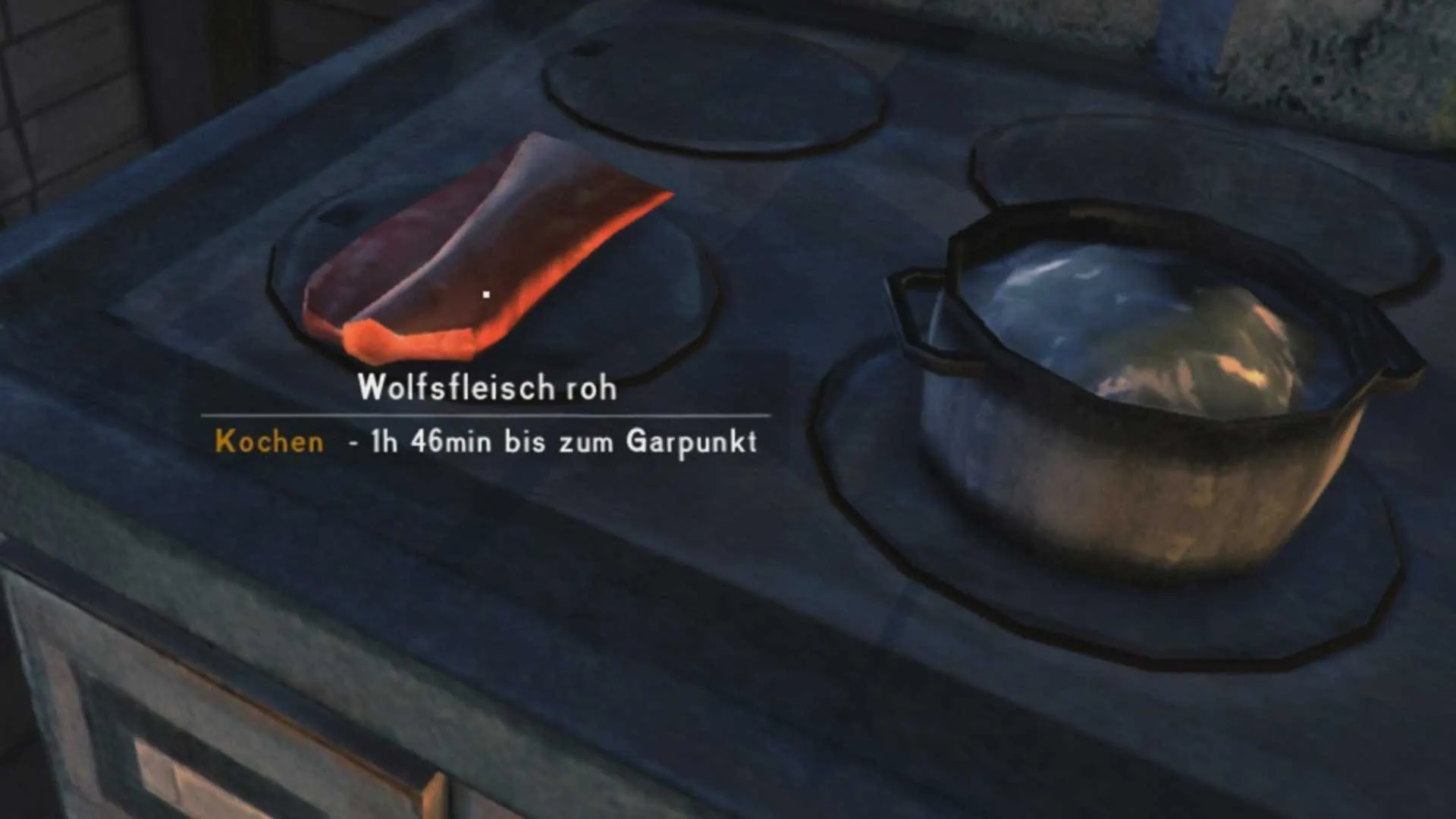 Kochen in The Long Dark: Beim Fleisch garen musst du regelmäßig die verbleibende Garzeit überprüfen.