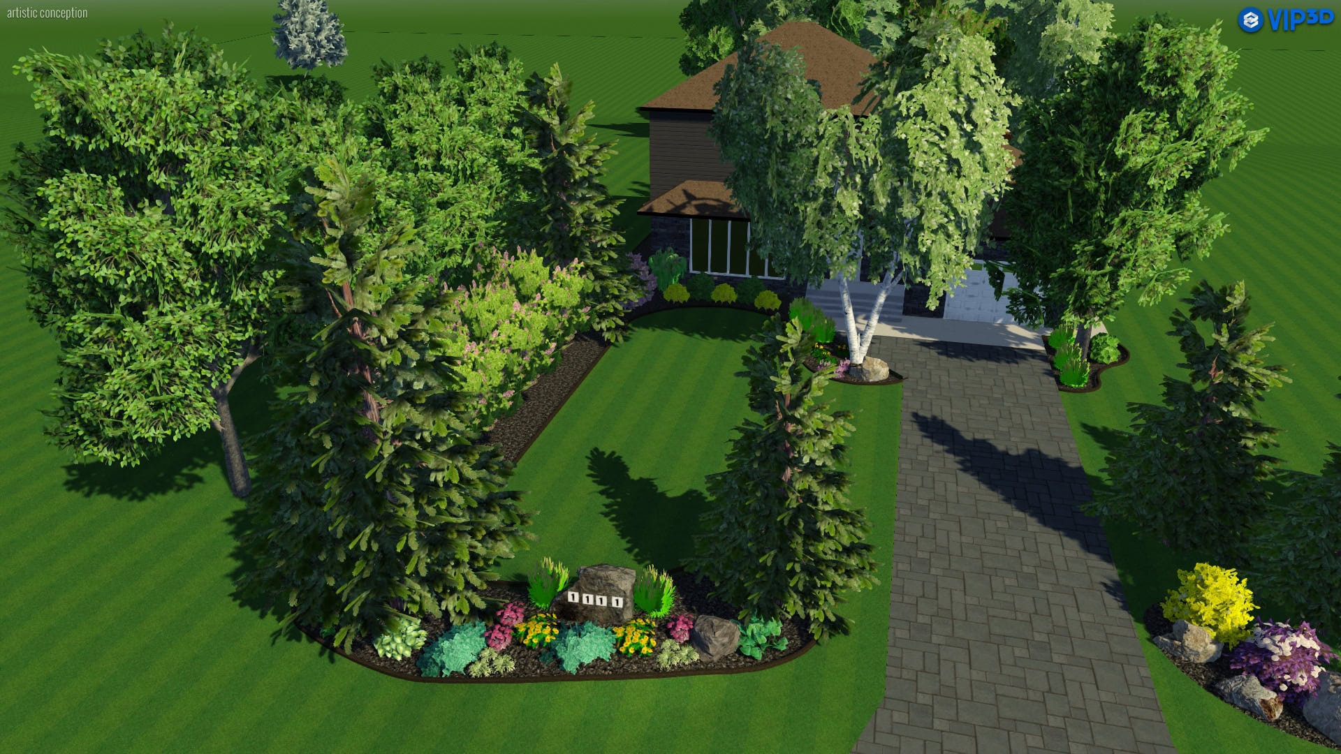 3D landscape design rendering with lawn, trees, and garden layout.