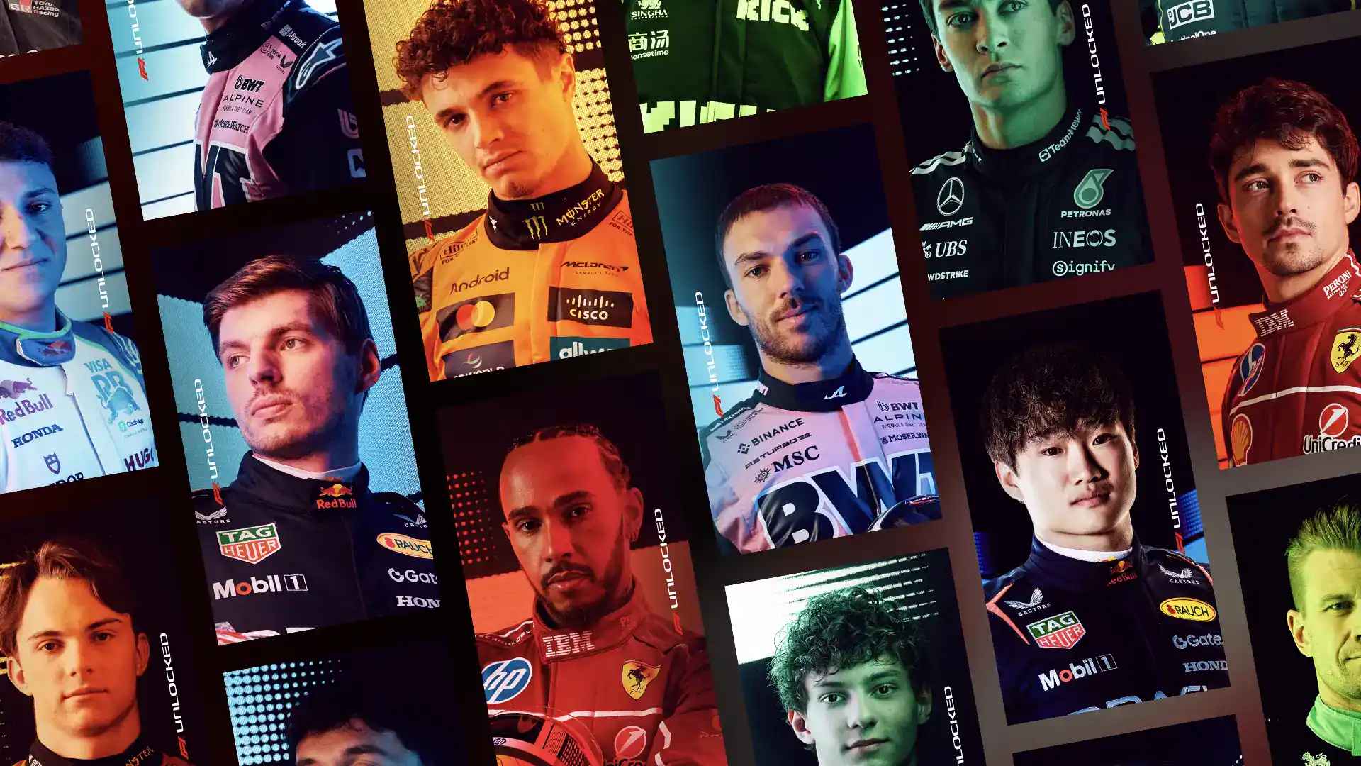 Collage van Formule 1 coureurs met kleurrijke achtergronden en teamkleding.
