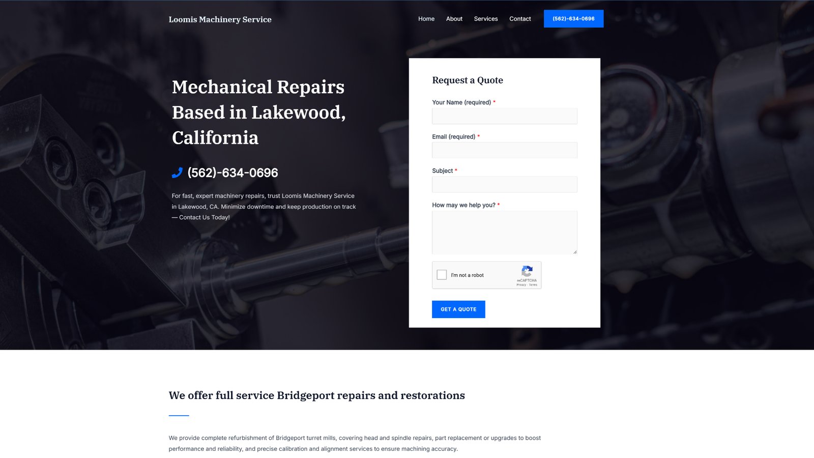 WordPress web design project for a mechanical repair company in Orange County