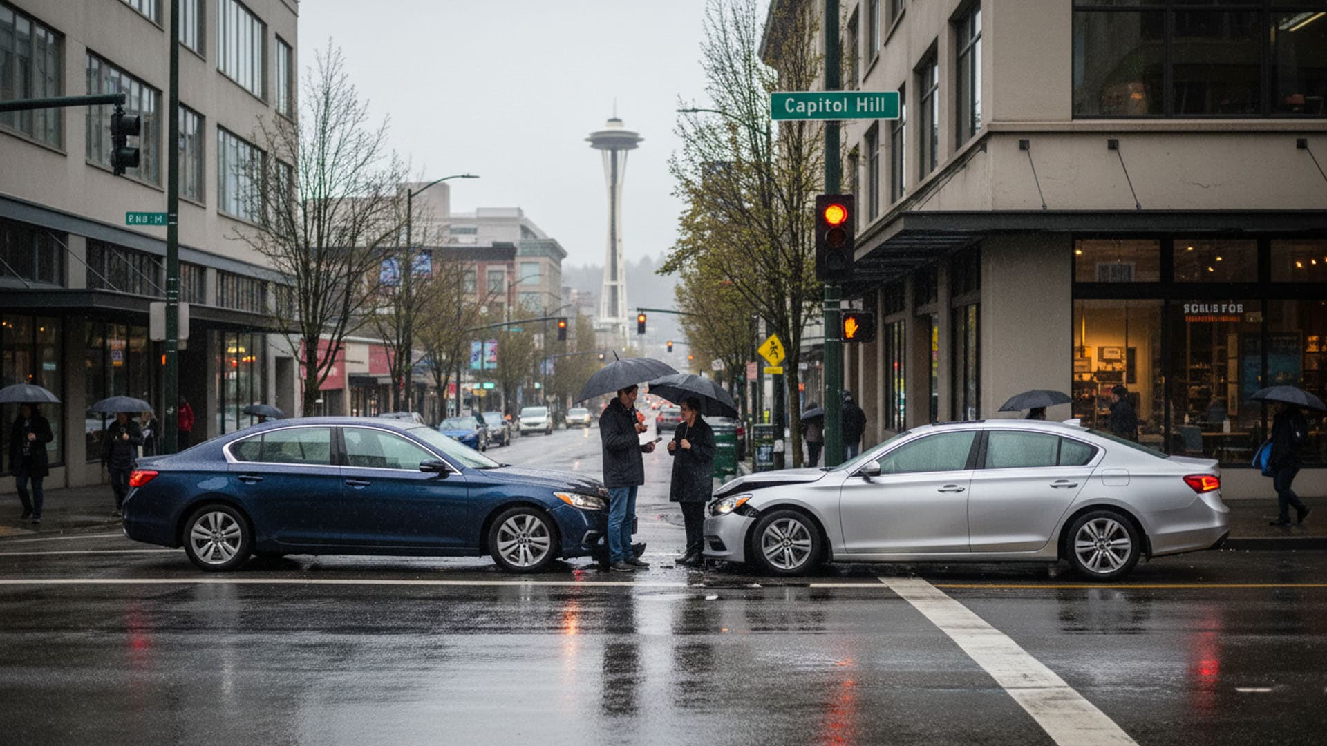 A car accident scene at a busy Capitol Hill intersection on a rainy Seattle morning. Two vehicles are pulled over safely while drivers exchange information.