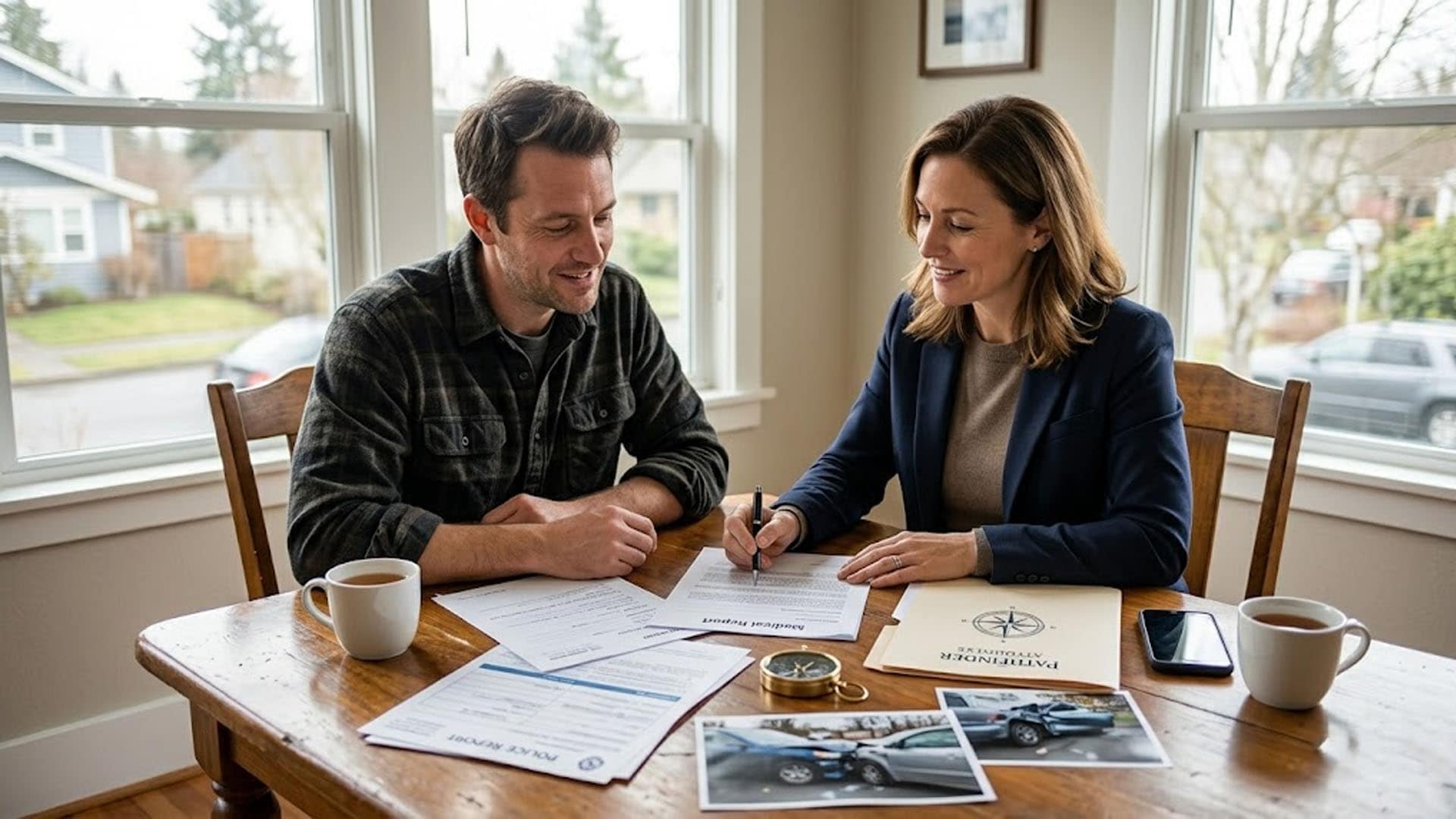 West Seattle personal injury lawyer reviewing accident evidence with client