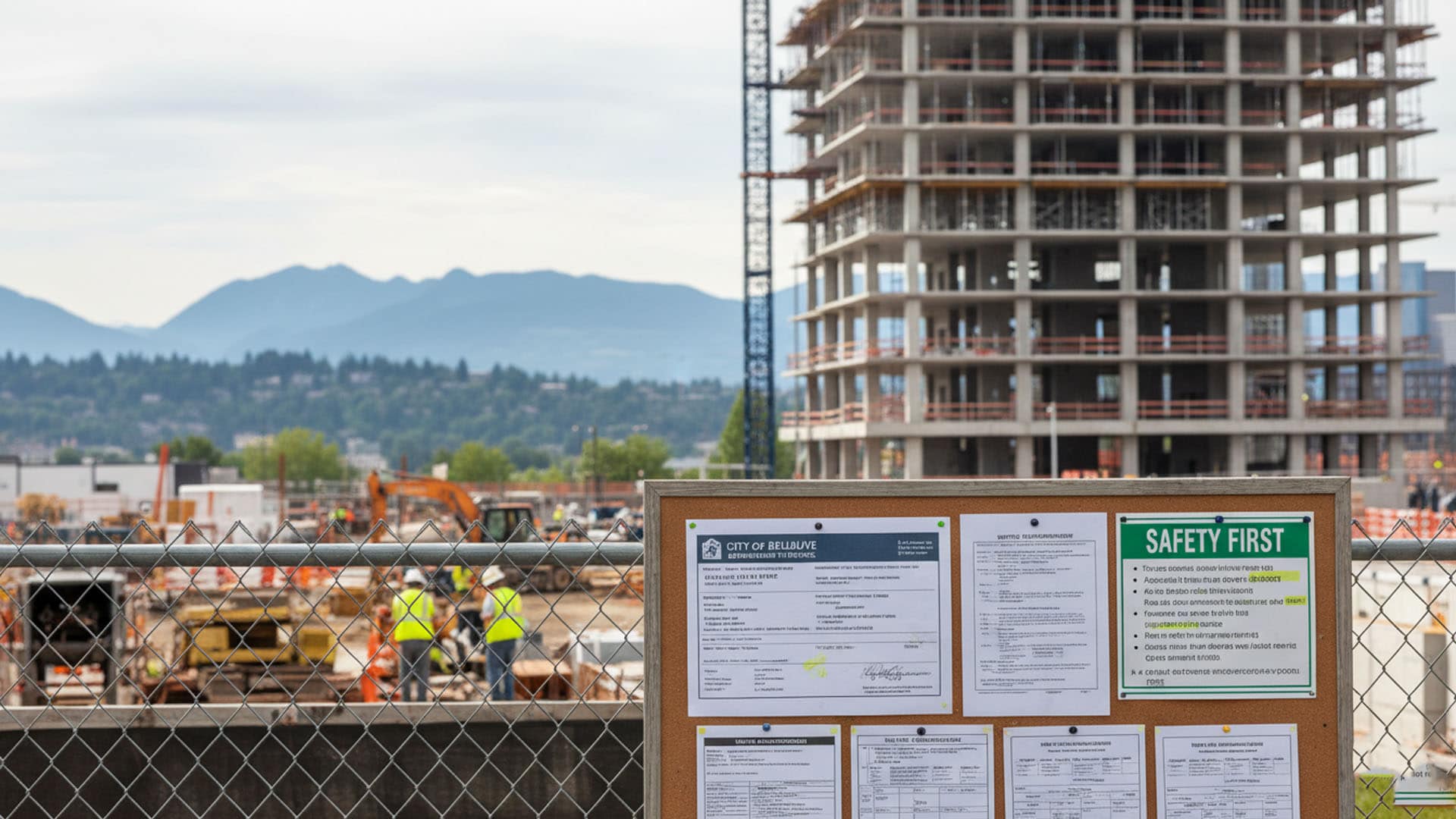 A construction site in Bellevue with permits and safety notices visible, highlighting how growing trade and construction businesses in the Seattle area face strict licensing, zoning, and compliance requirements.