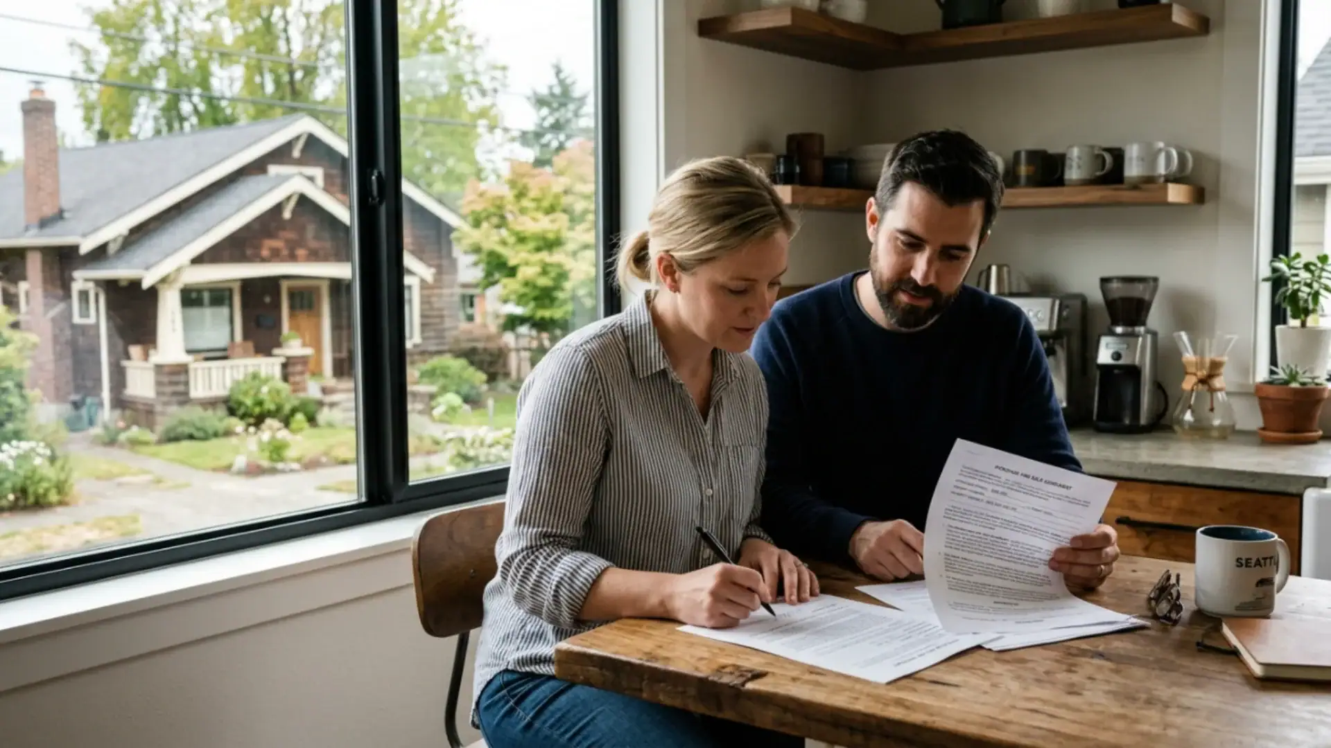 Buyers reviewing a purchase contract for a West Seattle home