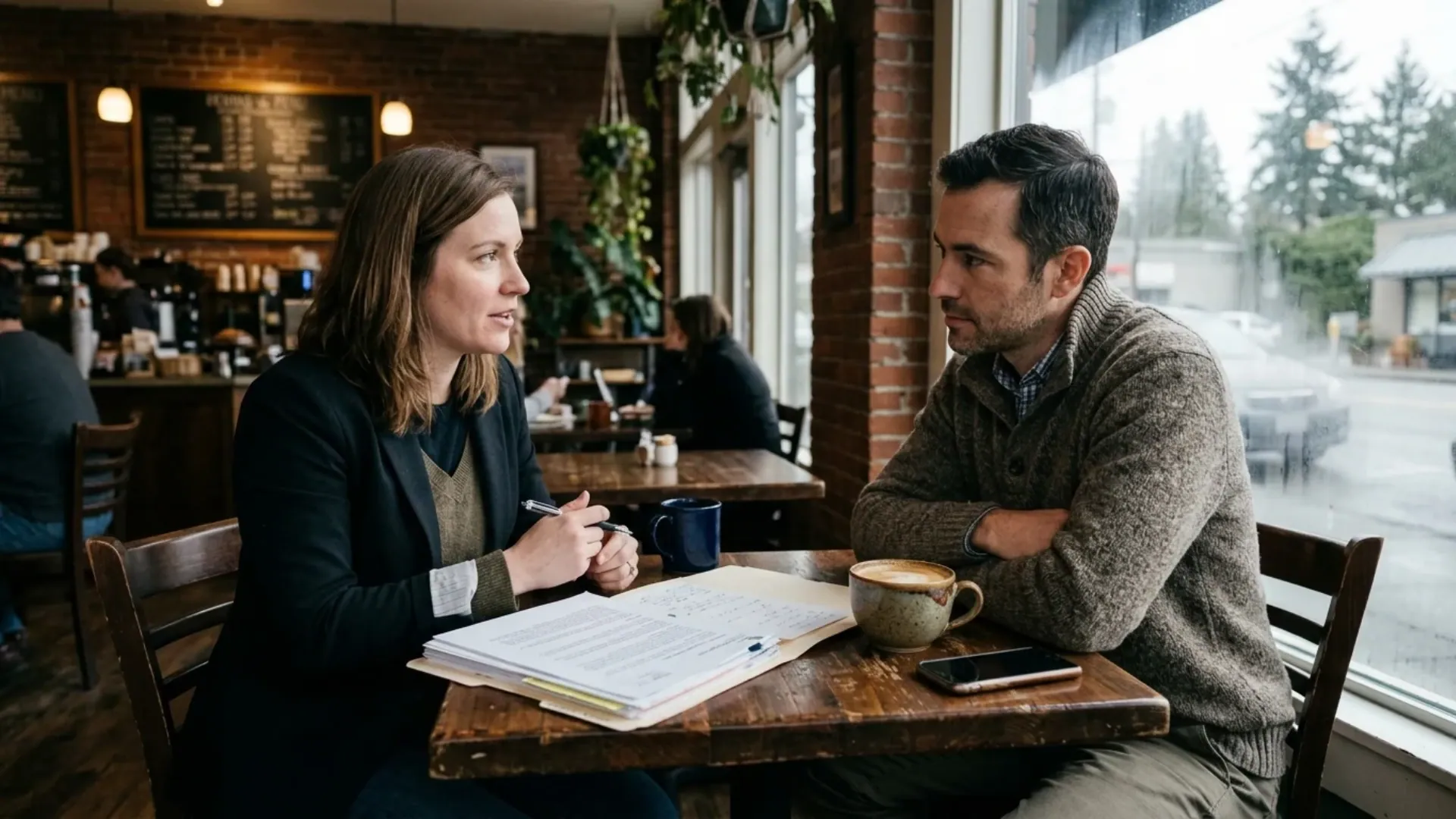 Two LLC owners in Seattle discussing a partner buyout over coffee