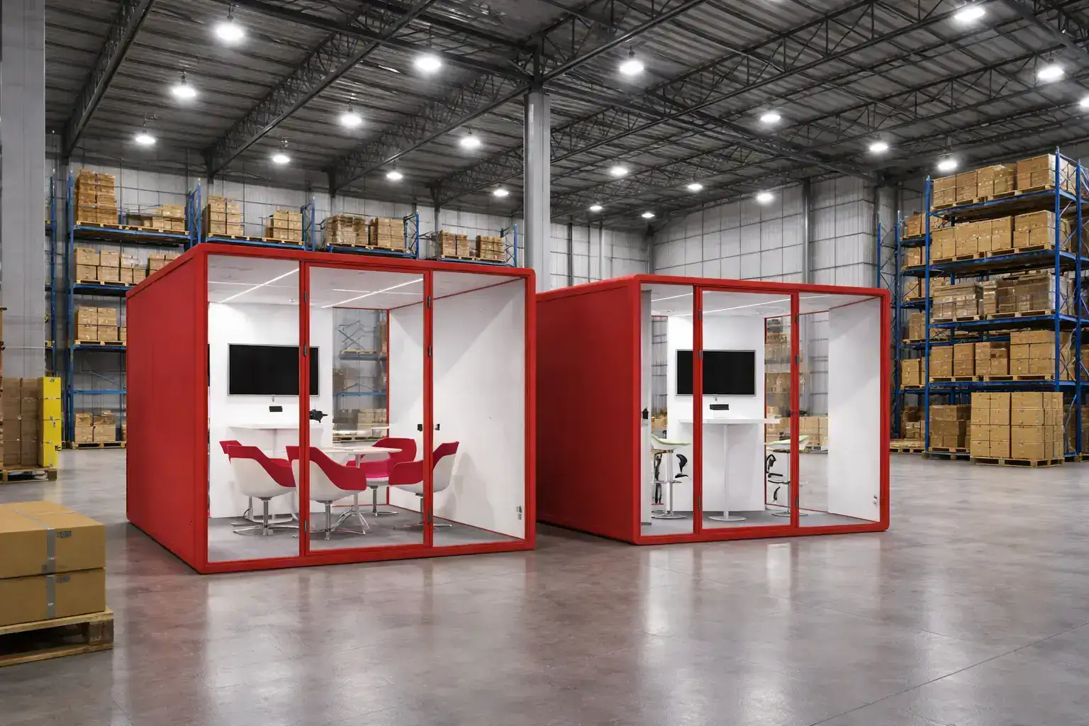 Two Red Claritycastle Warehouse Office Pods With Desks And Wall-Mounted Monitors On A Warehouse Floor Between Pallet Racking