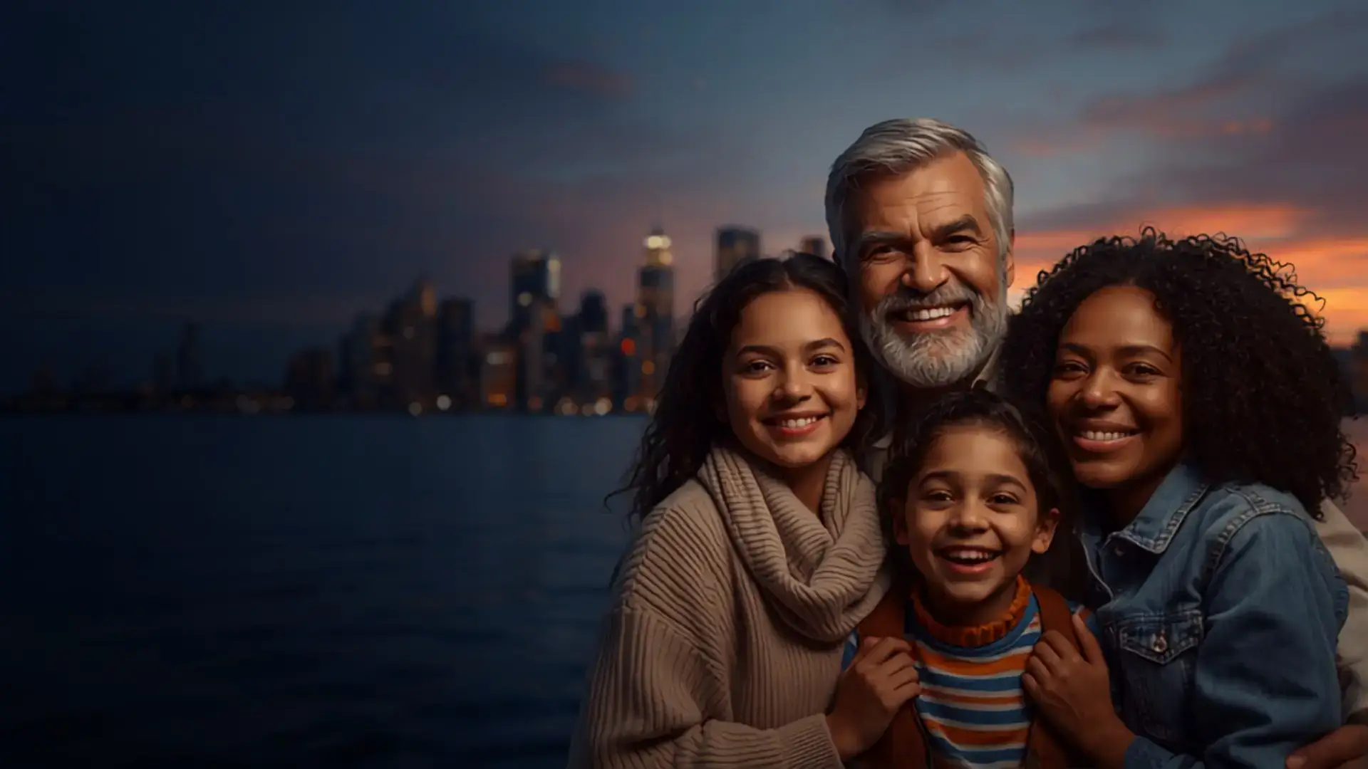 Multiracial multigenerational family at golden hour with city skyline