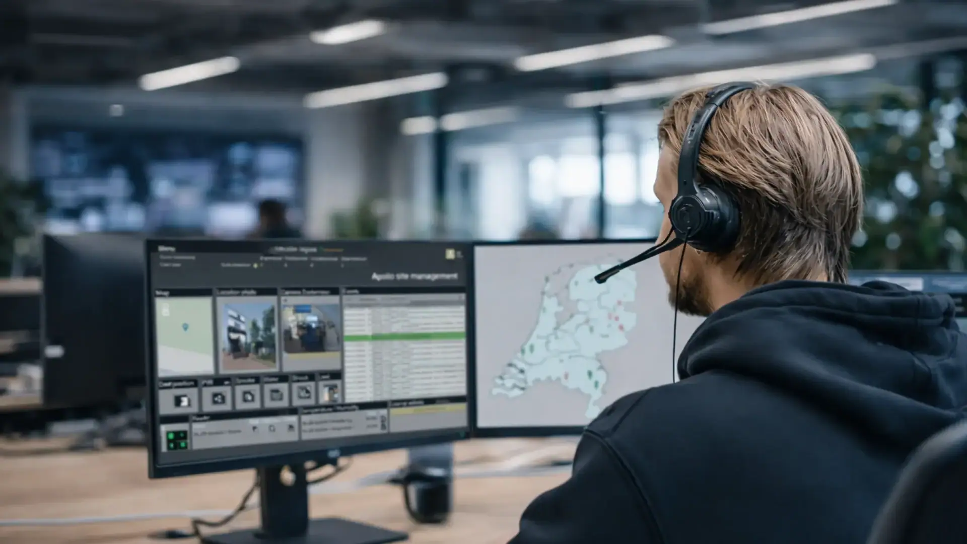 Operator using Apollo asset and site management system on multiple screens in a control room