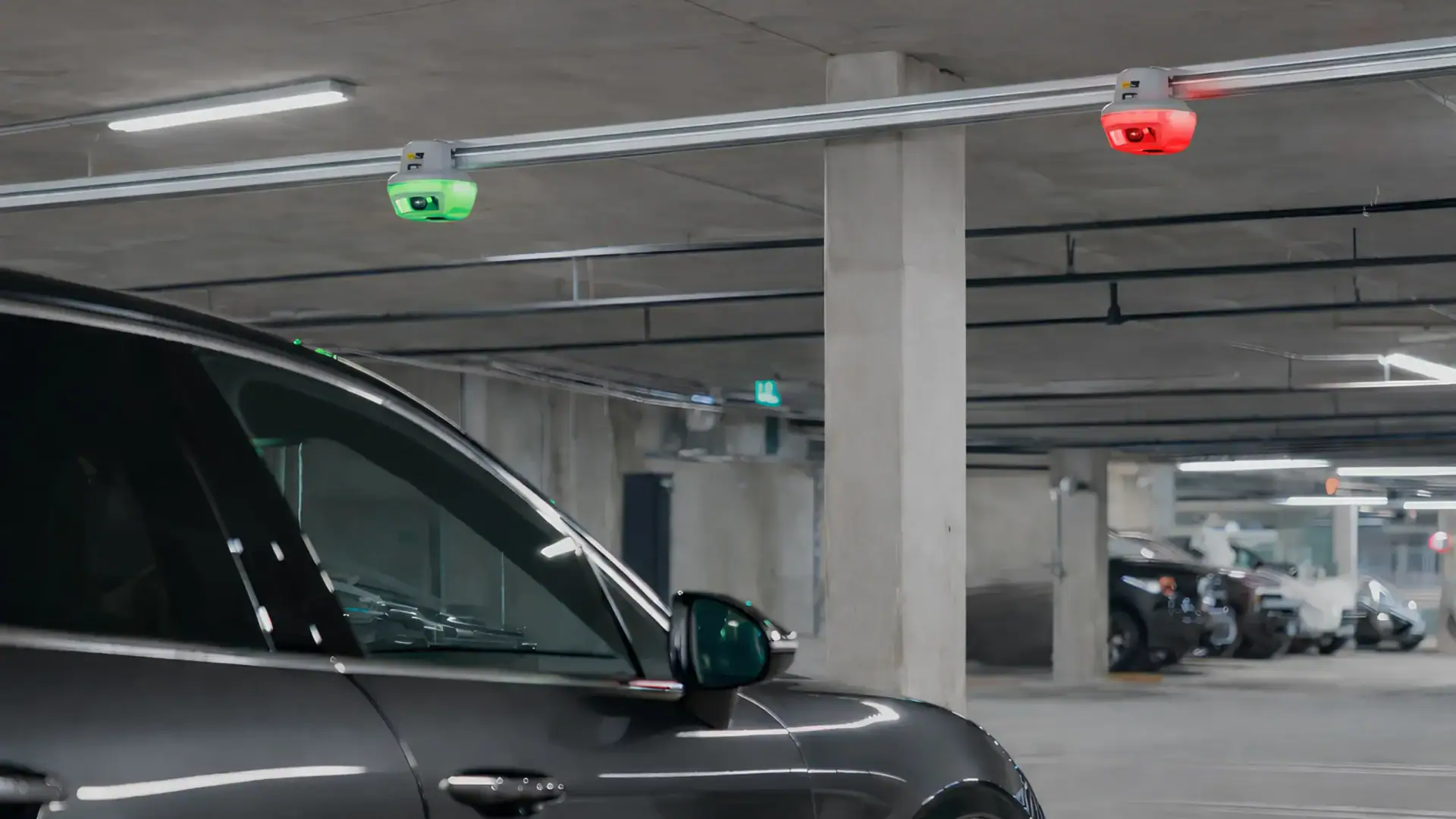 Car in a parking garage with Park Assist green and red parking guidance sensors indicating available spaces