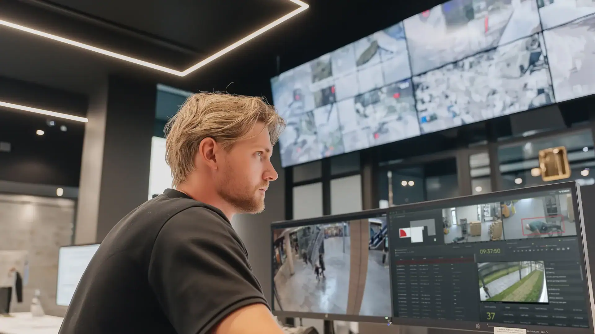 Operator in control room working with multiple screens displaying live video from video management system VDG SENSE