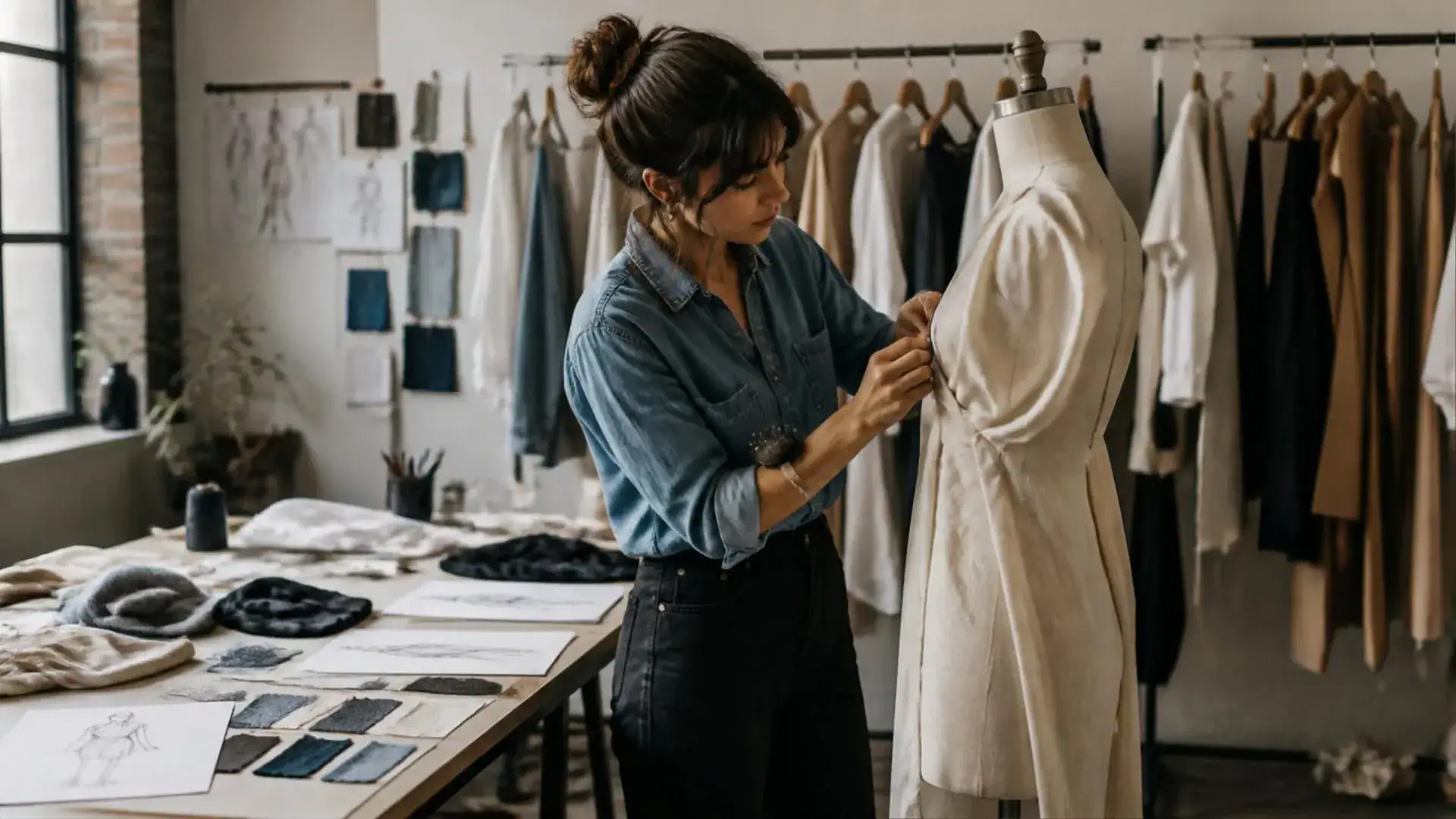 Fashion designer fitting a garment in her studio while preparing a brand story for LA Mag