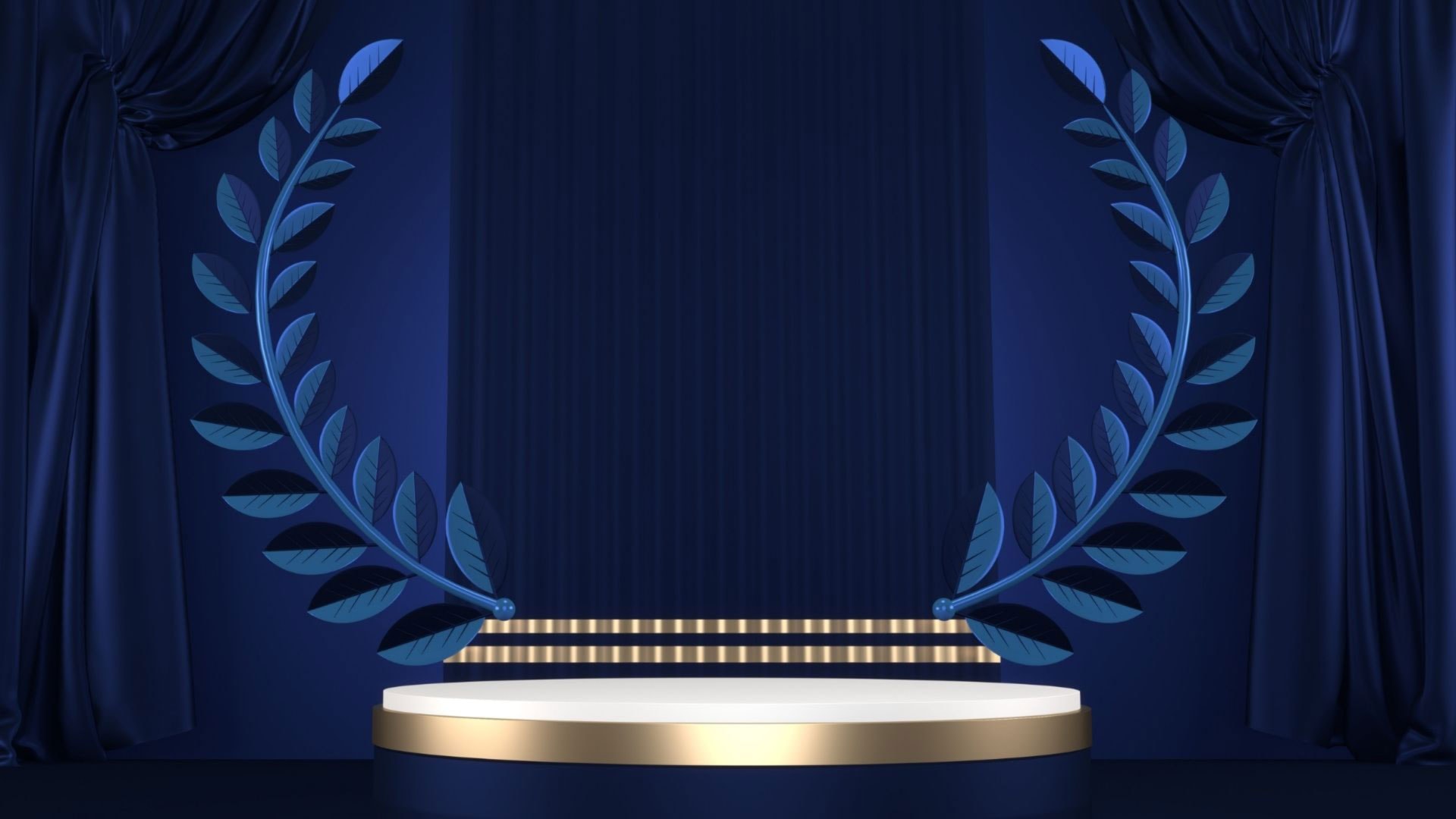 Blue awards stage with gold podium and decorative laurel branches.