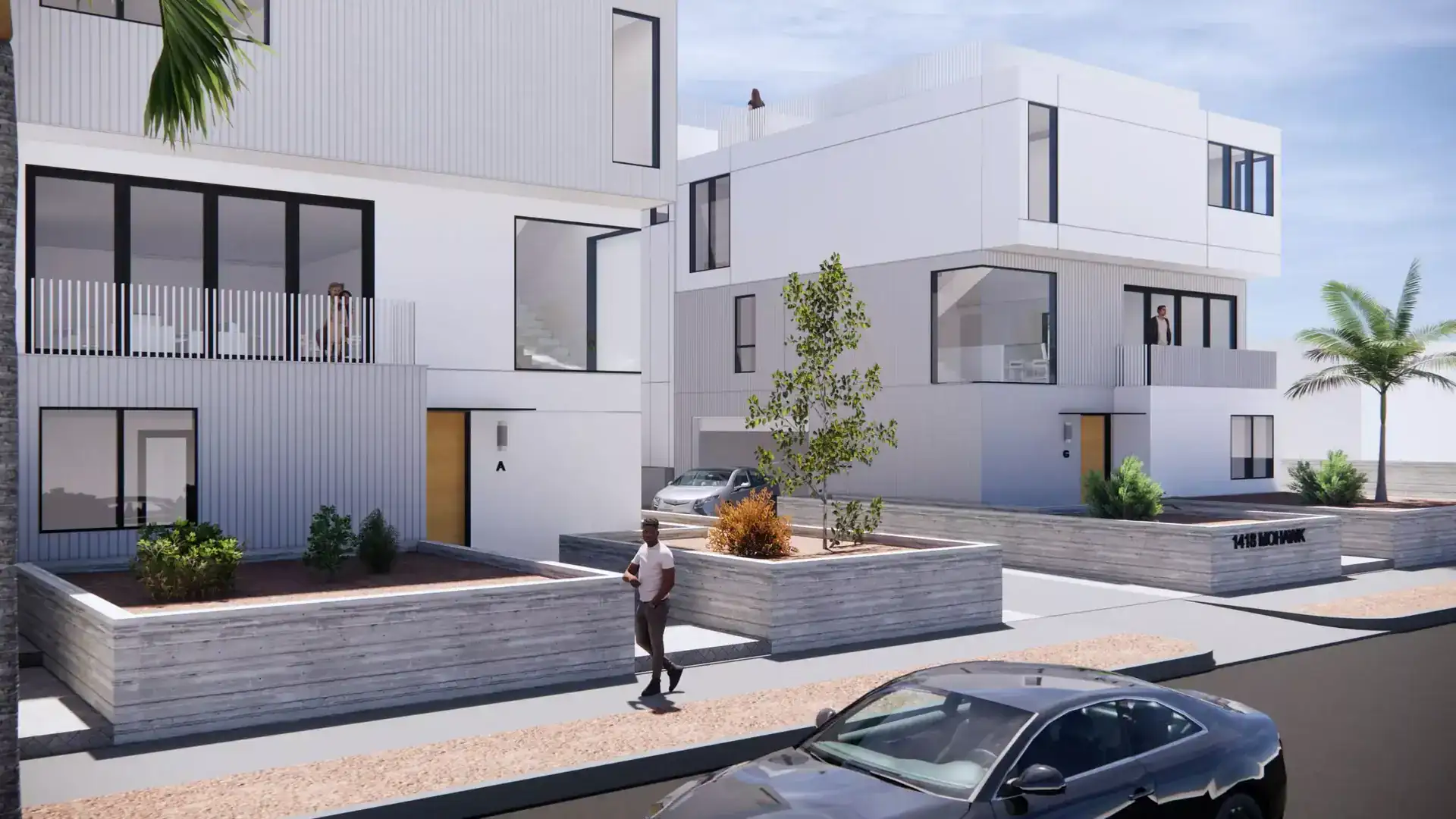 Contemporary residential apartment complex with modern design and green landscaping.