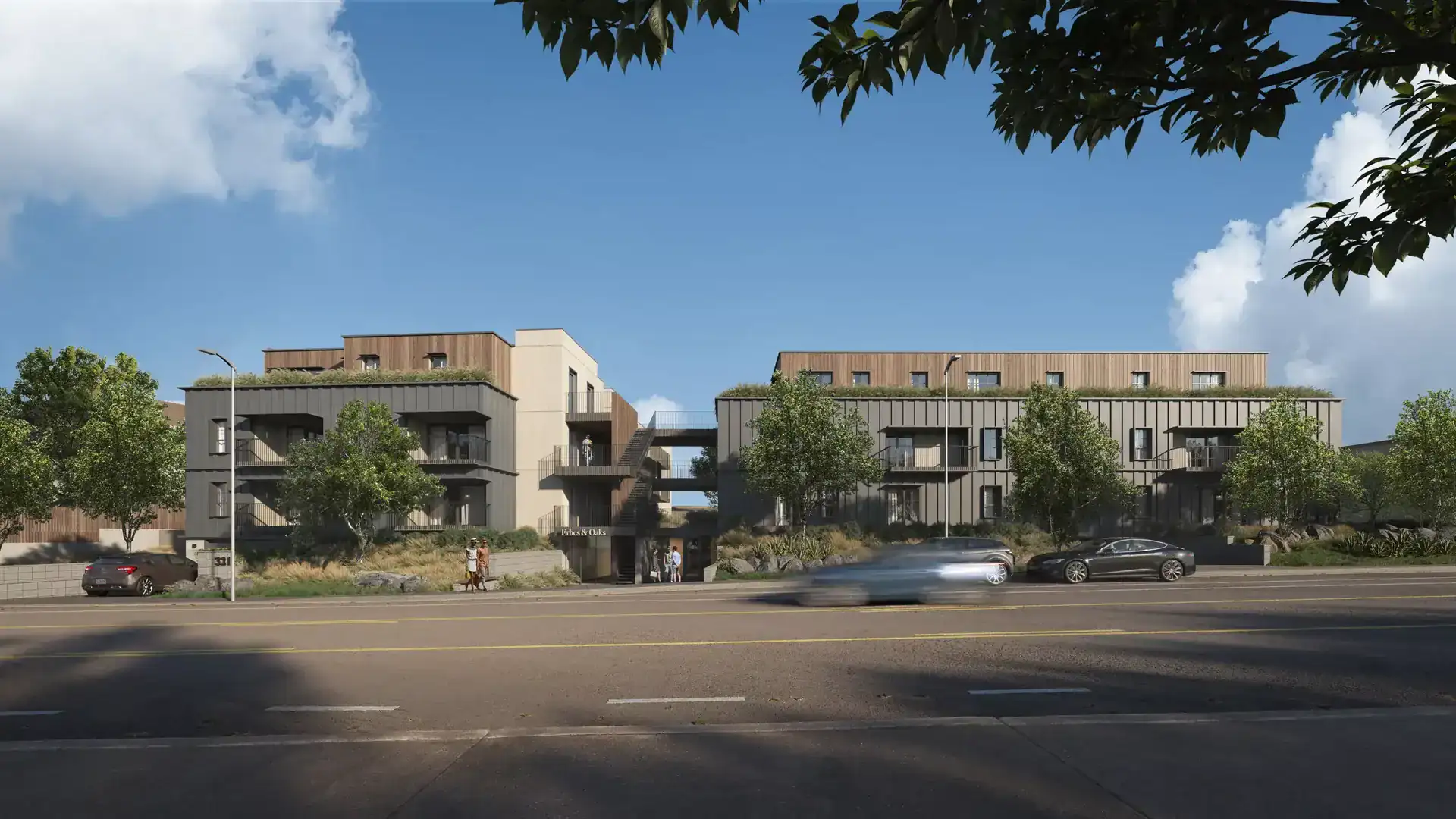 Contemporary multi-story residential building with modern design, mixed materials, and landscaped rooftop gardens.