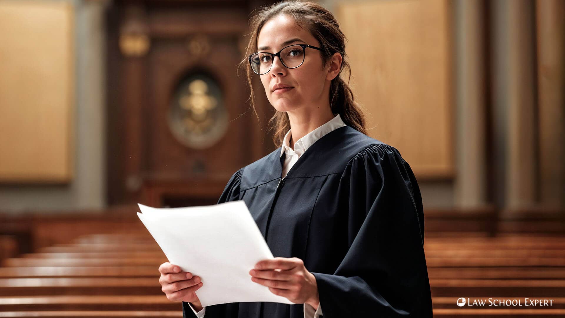 A woman in a judge's robe holds a document, symbolizing the guidance of law school application consulting.