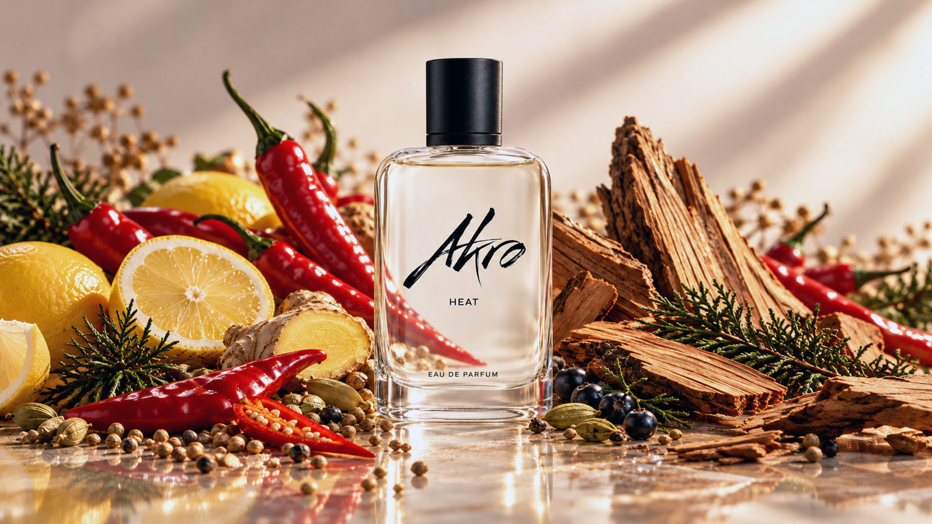 Akro Heat Eau de Parfum - Red Chili and Woody Spices by Olivier Cresp Akro Heat Eau de Parfum by Olivier Cresp - red chili, citrus, aromatic spices, cedarwood, Ambrox and musk