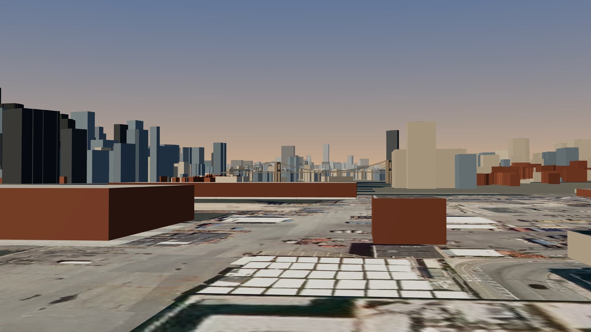 Looking north from the roof edge toward the Brooklyn Bridge and Midtown, the towers of lower Manhattan on the left and the rooftops of Brooklyn below