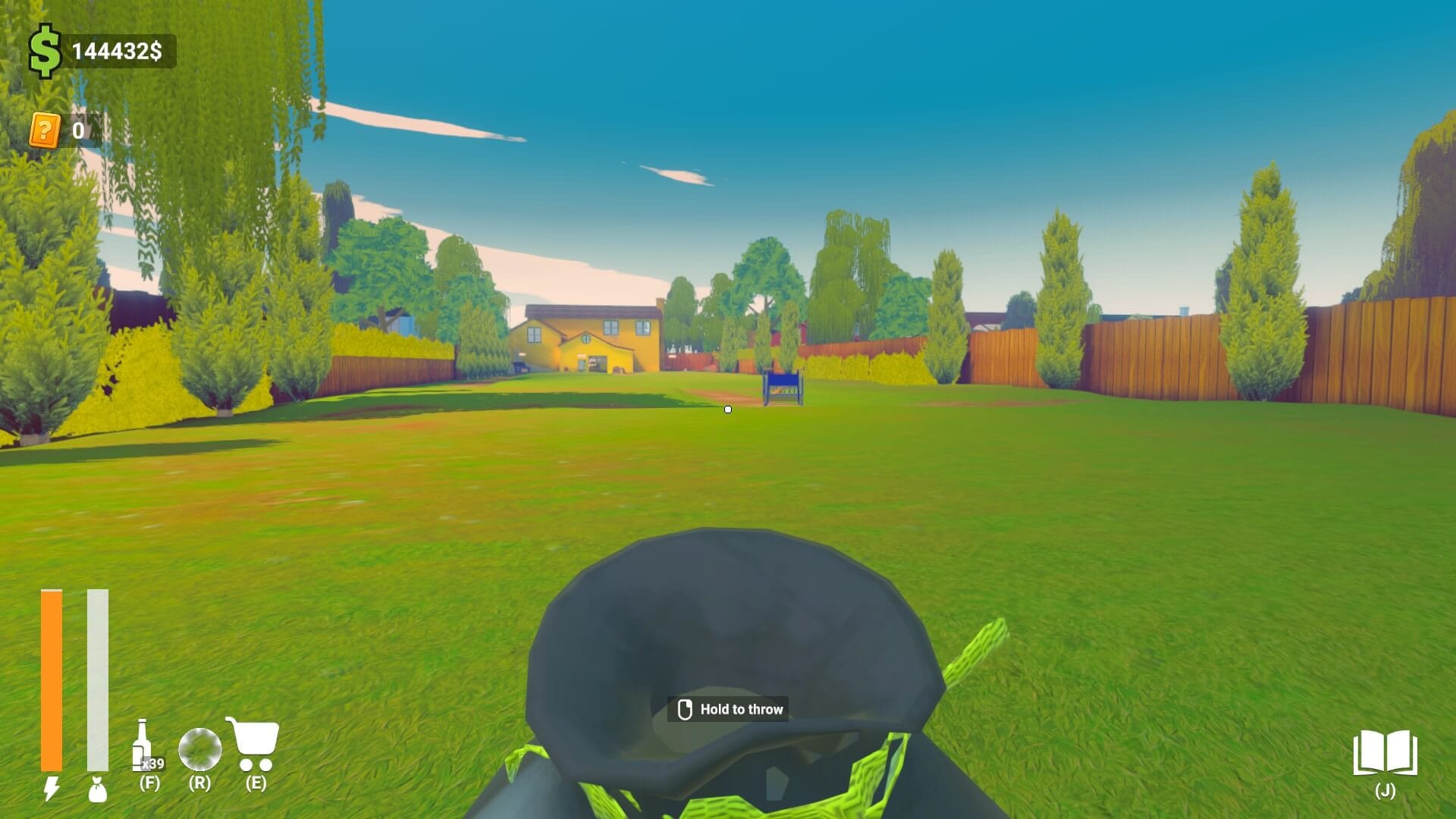 An empty garden with a blue shopping cart in the distance. 