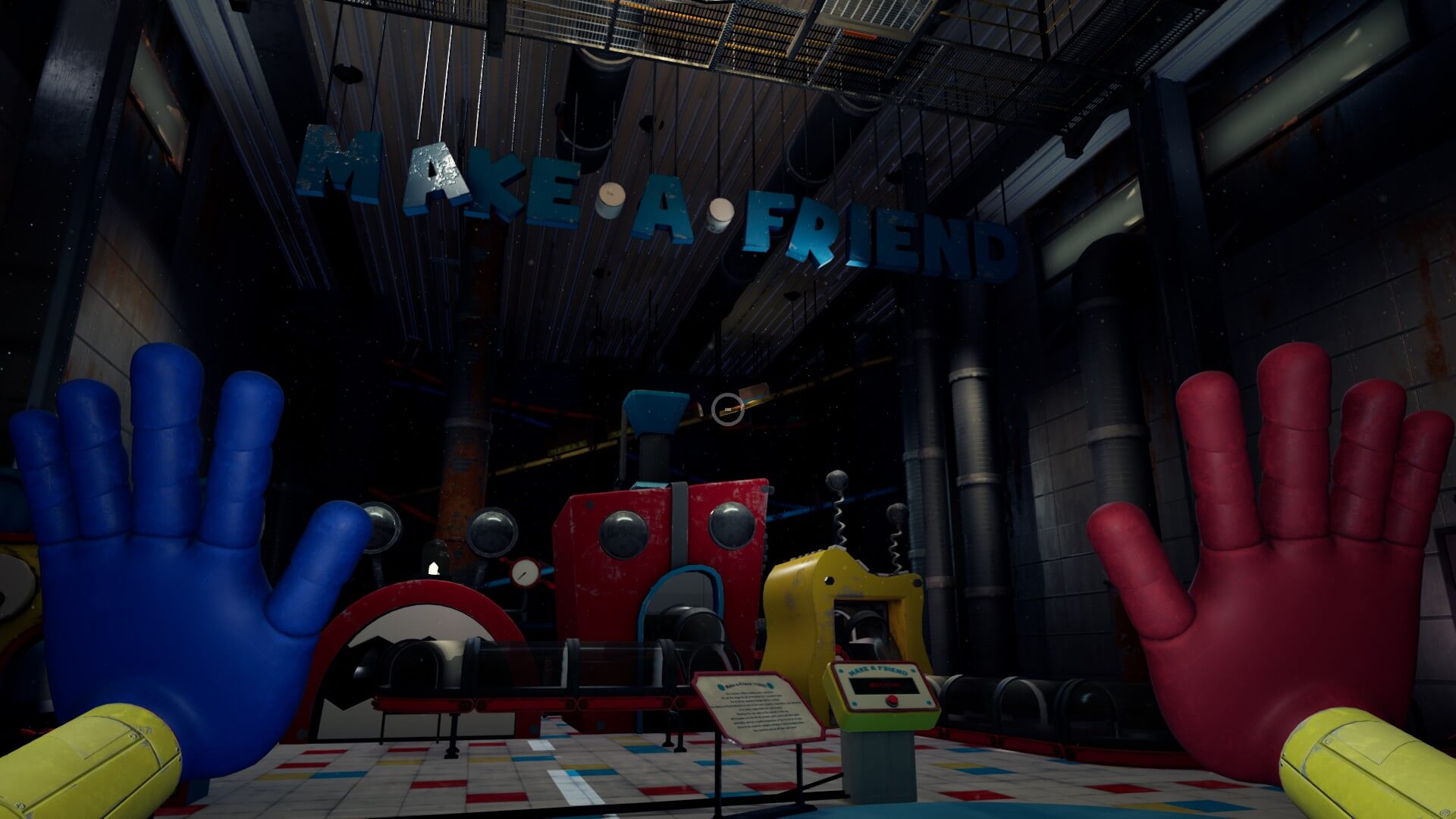 A dimly lit factory room features a "Make a Friend" sign, two large cartoon-like red and blue hands, and whimsical machinery, creating an eerie, nostalgic atmosphere.