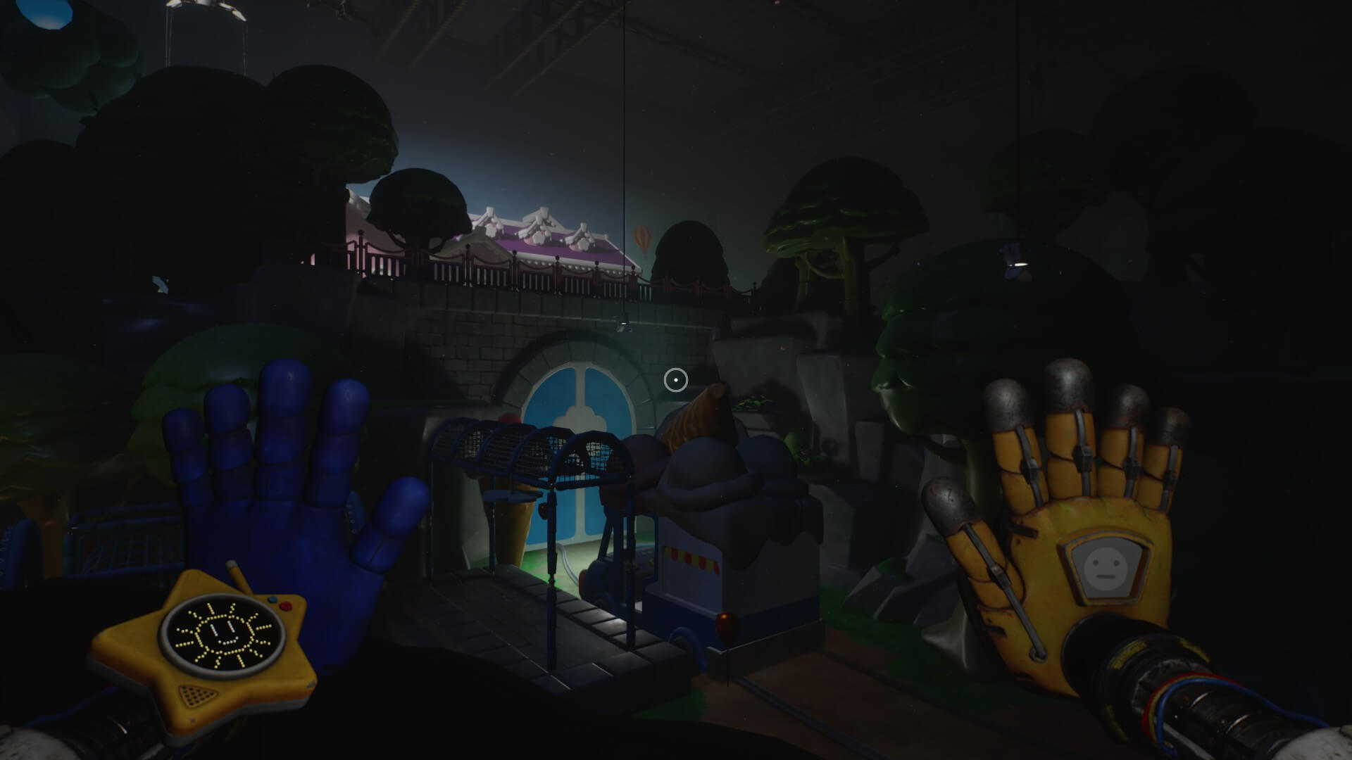 A dark, eerie amusement park scene with colorful tents in the background. Robotic hands with blue and yellow gloves are in the foreground, suggesting an interactive game setting. Mysterious and suspenseful atmosphere.