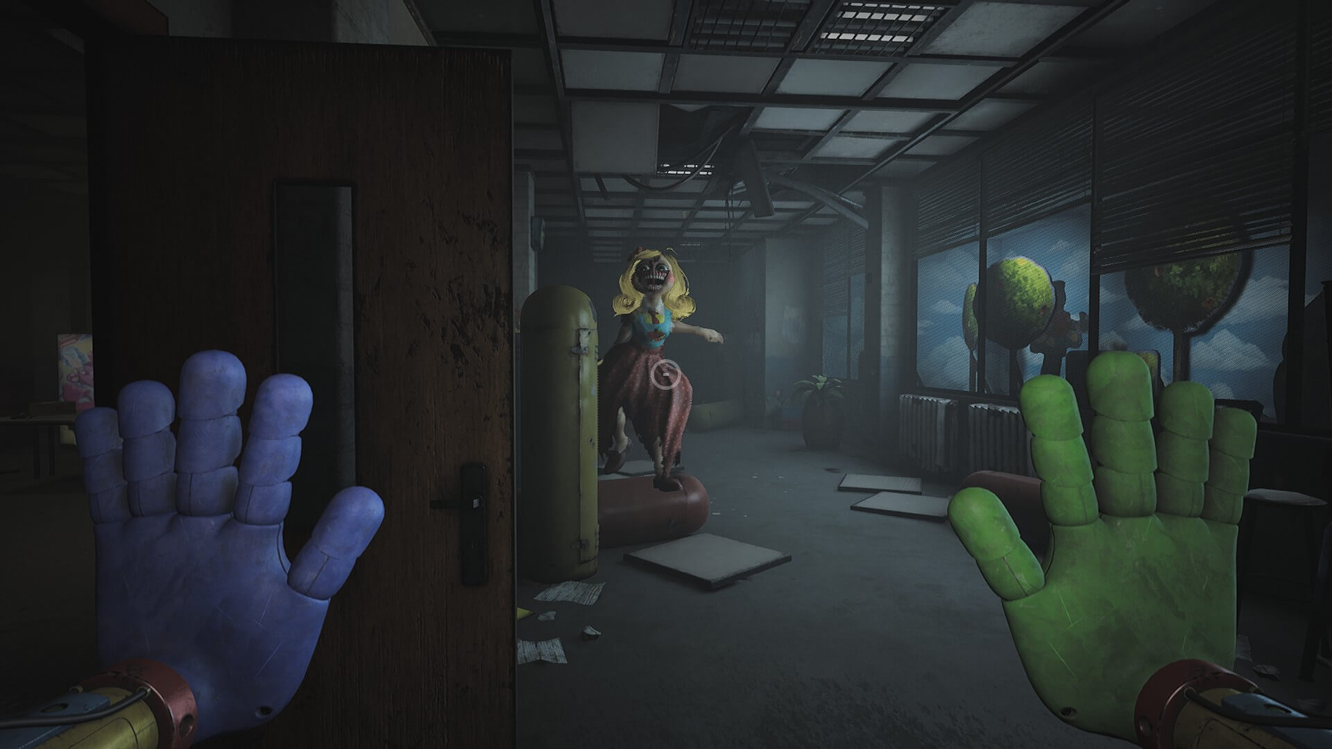 A dimly lit, eerie hallway with two colorful hand-like controllers in the foreground. A creepy, clown-like toy stands menacingly in the distance.