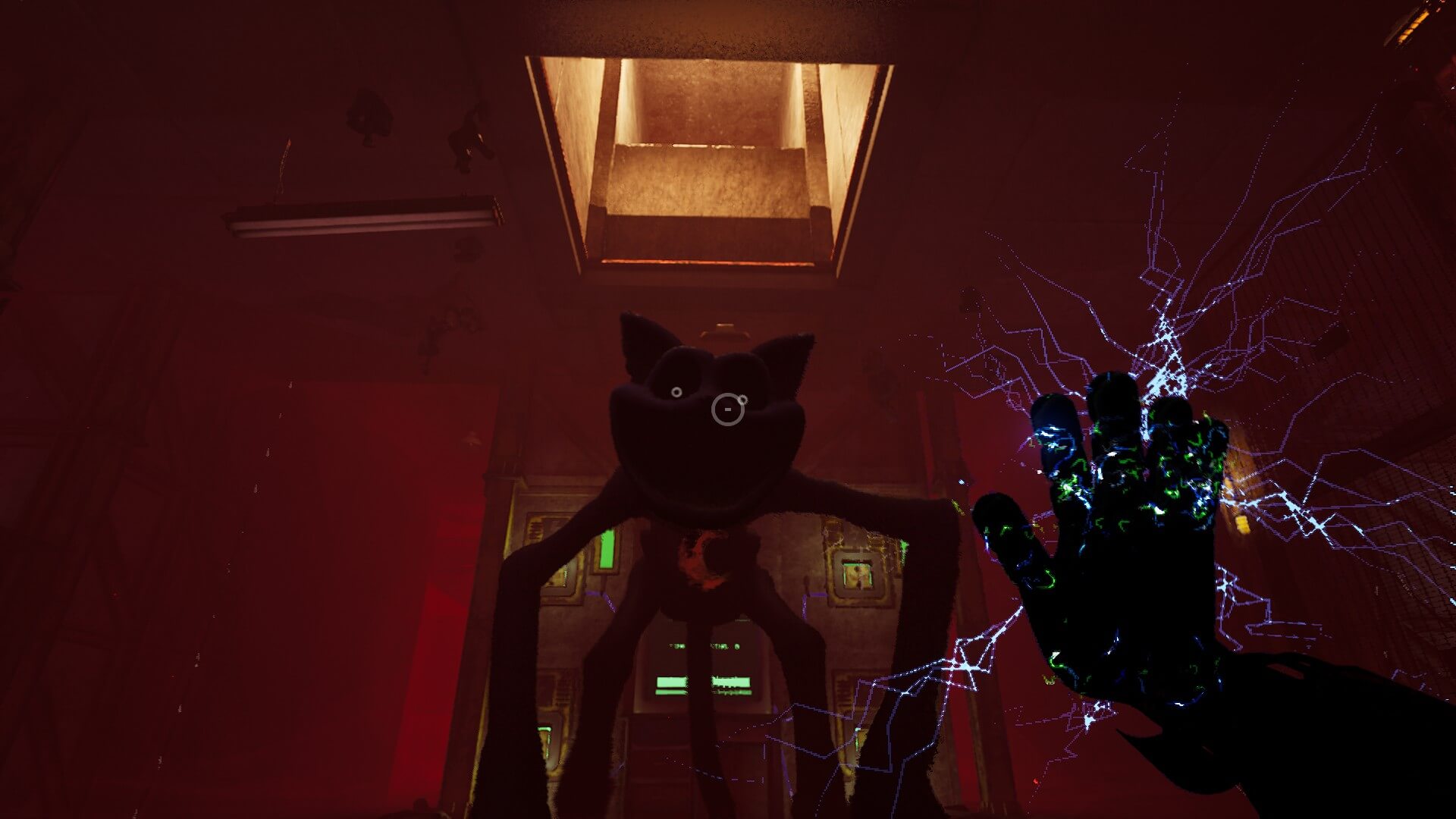 CatNap - a shadowy, spider-like creature with glowing eyes lurks menacingly in a dimly lit room. A hand with electric sparks reaches toward it, creating a tense, eerie atmosphere.