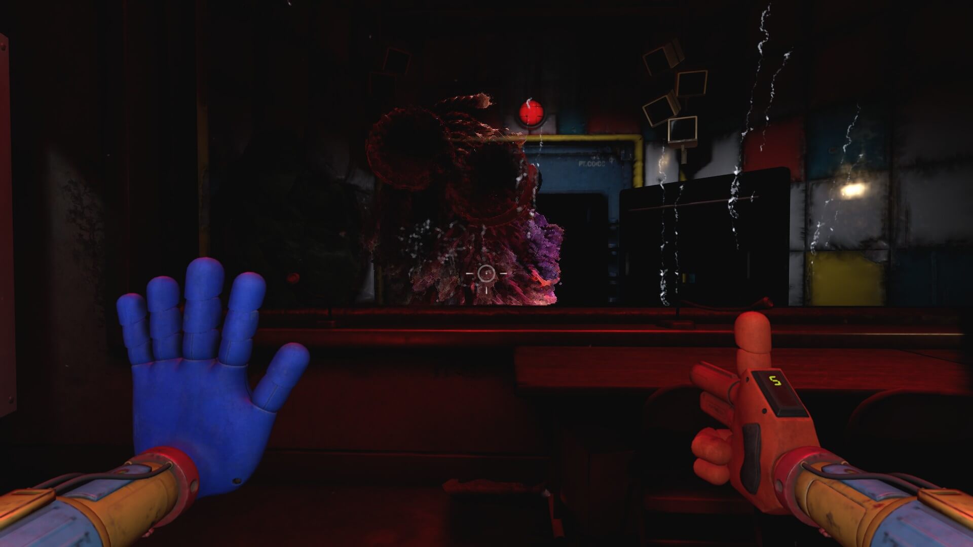 First-person view of blue and red hands reaching out towards a dark room with a menacing, plant-like creature. The atmosphere is tense and ominous.