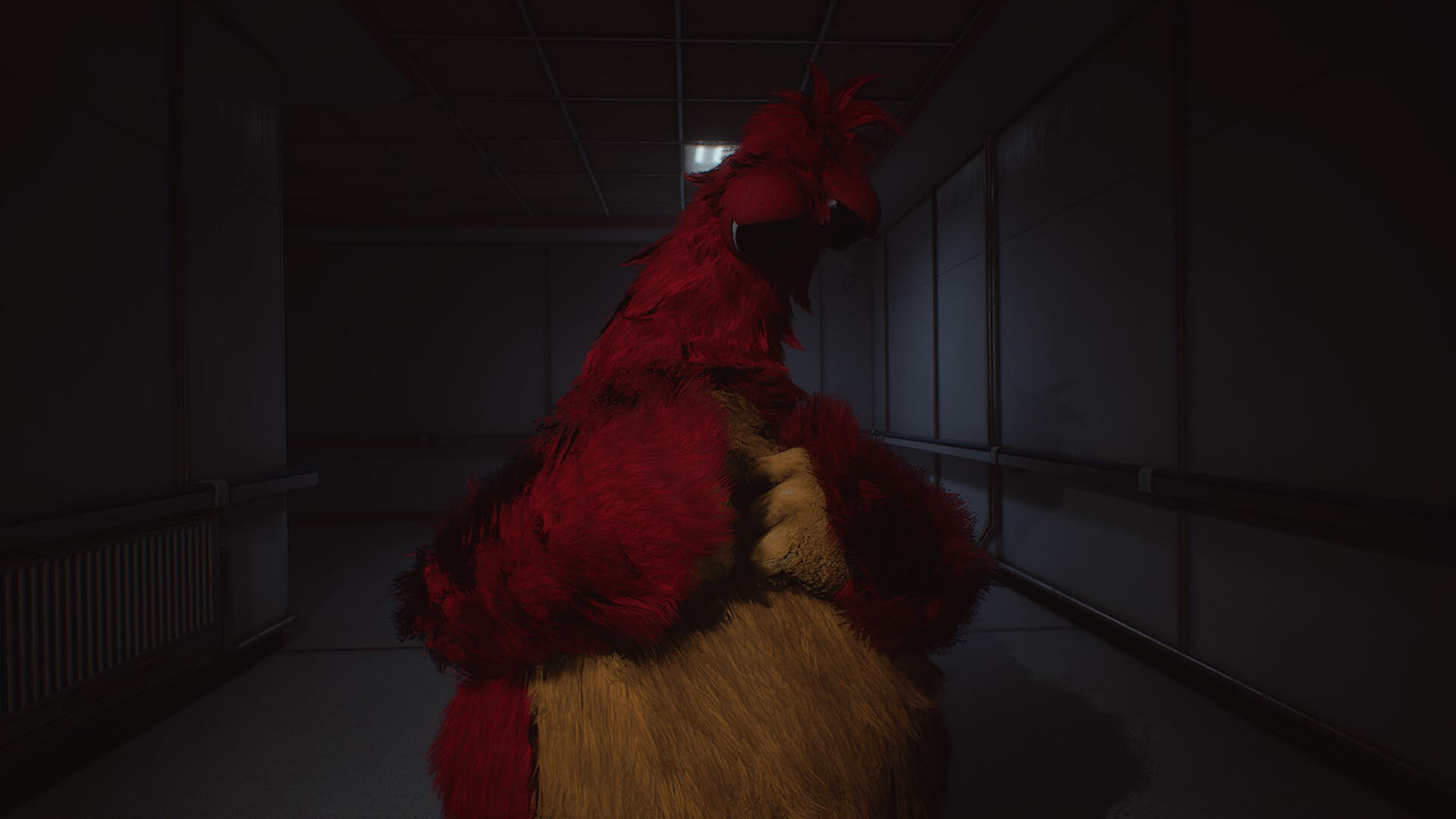 A large, red chicken-like creature with black eyes stands ominously in a dimly lit hallway, casting eerie shadows on the walls. The mood is tense and mysterious.