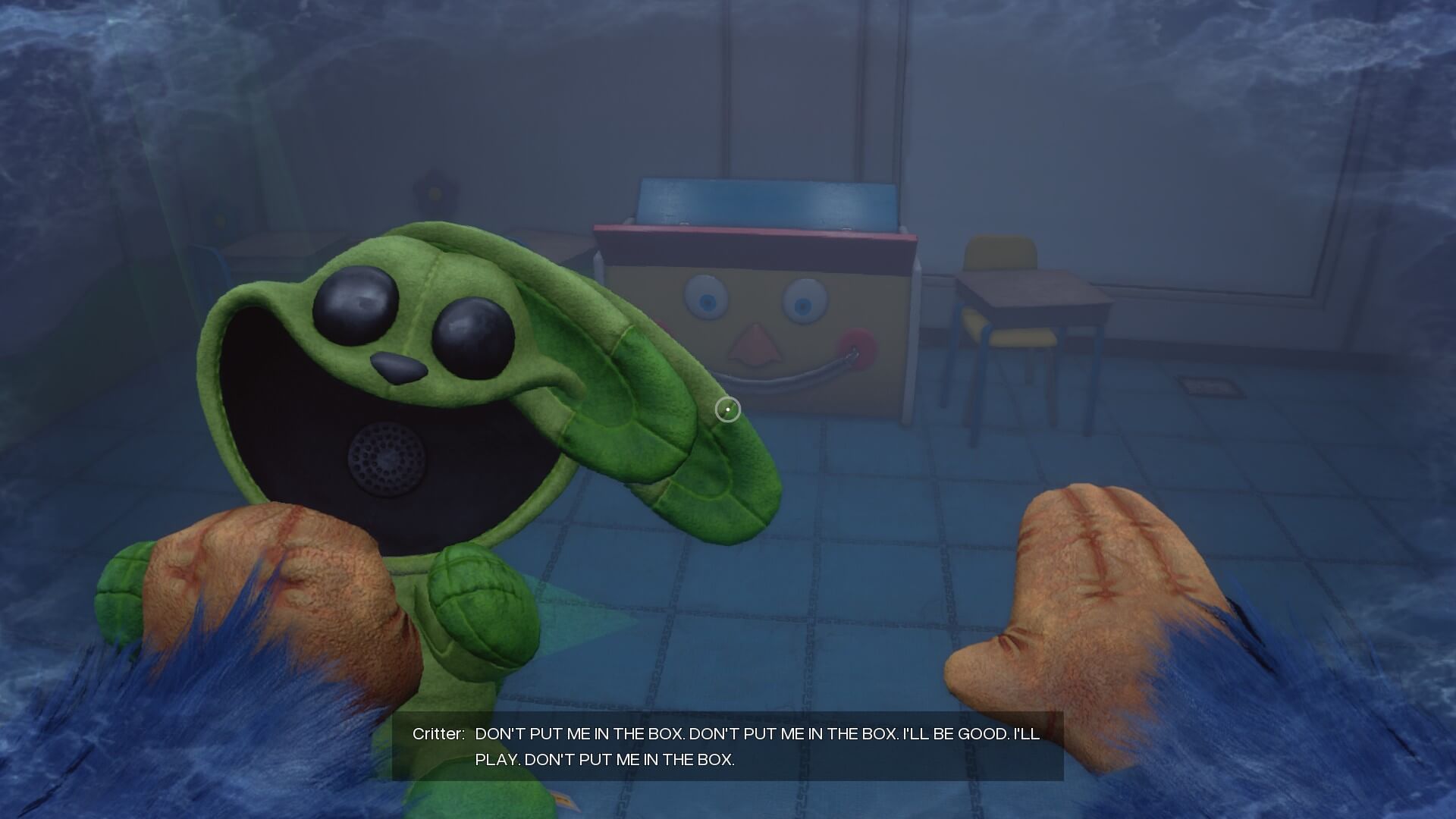 A green, plush toy with big eyes and a pleading expression is held by a character with blue, furry hands. Background shows a toy box with a face and a small chair, creating an eerie atmosphere. Text at the bottom reads: "Don't put me in the box, I'll be good, I'll play, don't put me in the box."