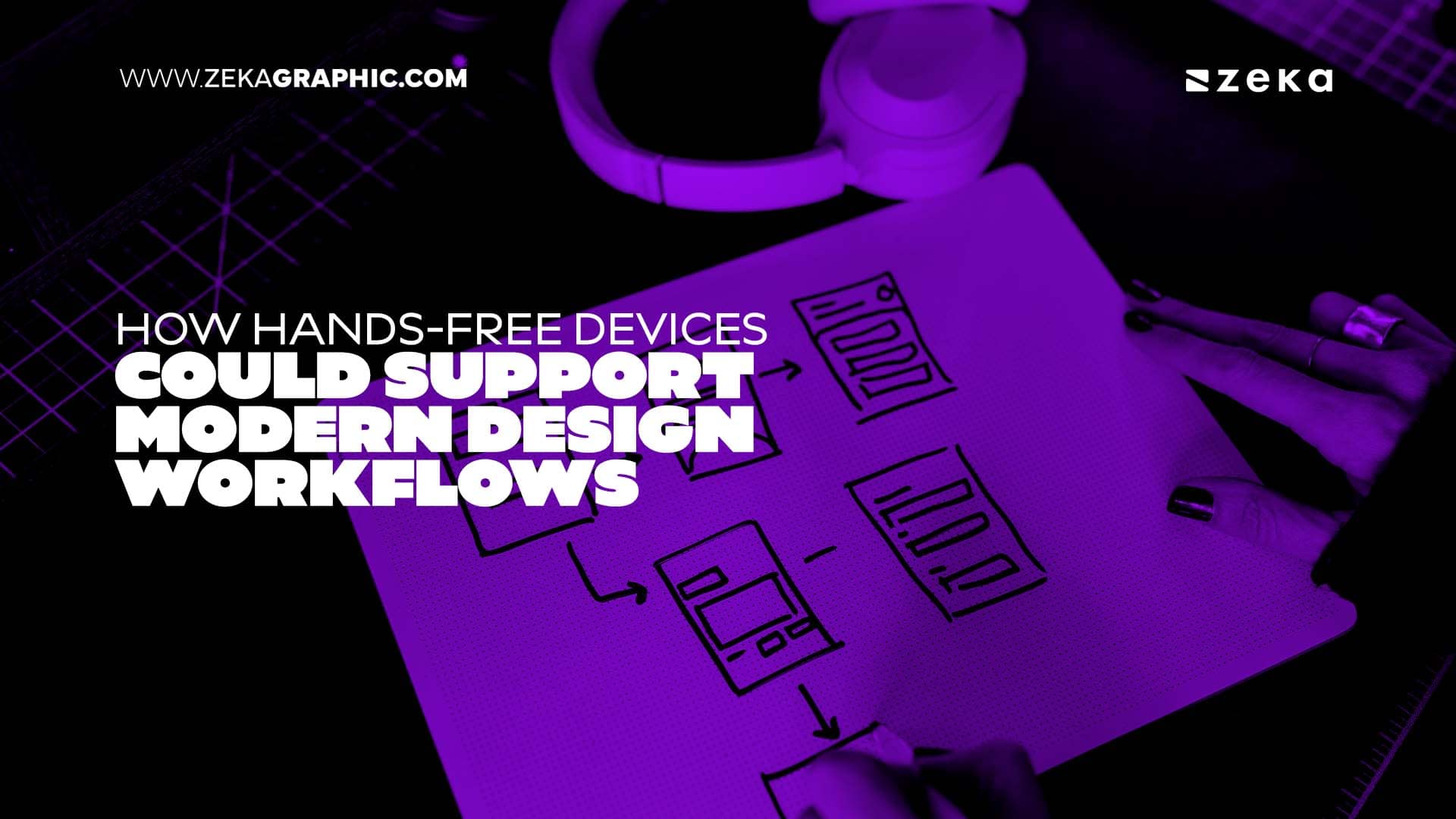 Horizontal purple-tinted photo of hands sketching a user interface wireframe on a tablet, with bold text reading "How Hands-Free Devices Could Support Modern Design Workflows".