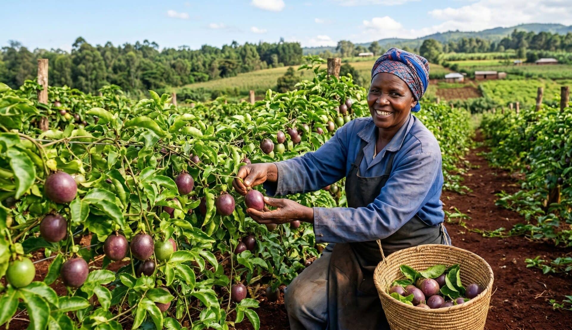 Kenyan farmer harvesting fresh passion fruit for export